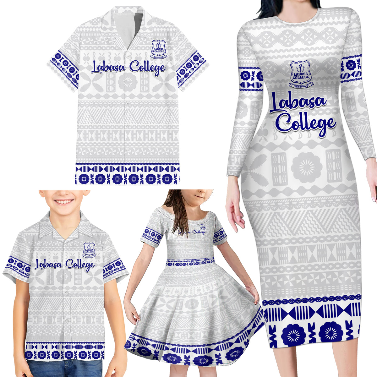 Personalised Fiji Labasa College Family Matching Long Sleeve Bodycon Dress and Hawaiian Shirt Fijian Tapa Pattern LT14 - Polynesian Pride