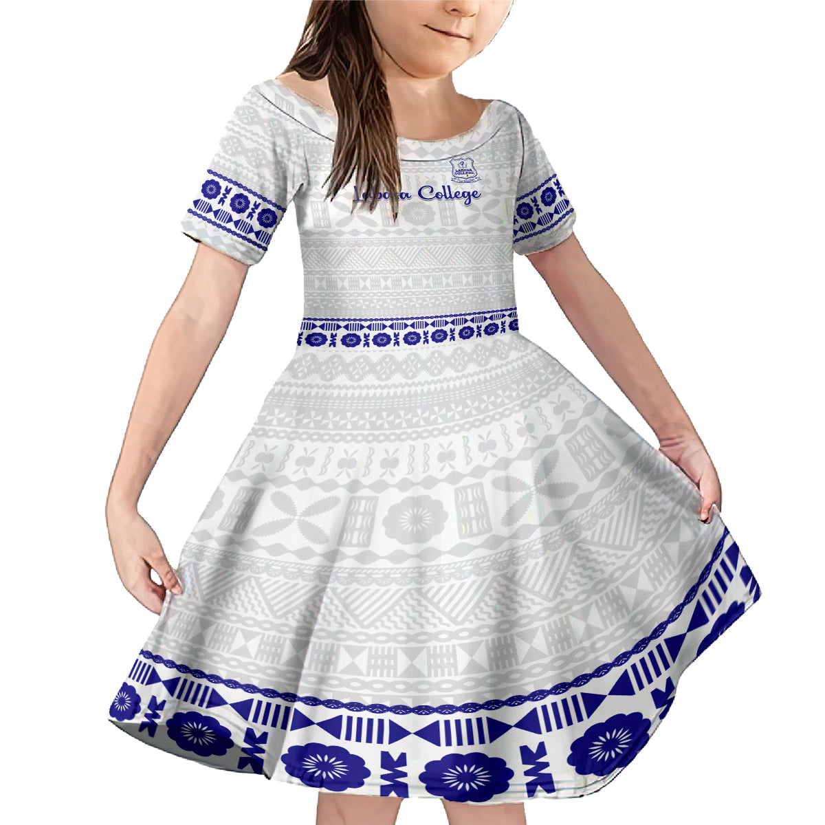 Personalised Fiji Labasa College Family Matching Mermaid Dress and Hawaiian Shirt Fijian Tapa Pattern LT14 Daughter's Dress White - Polynesian Pride