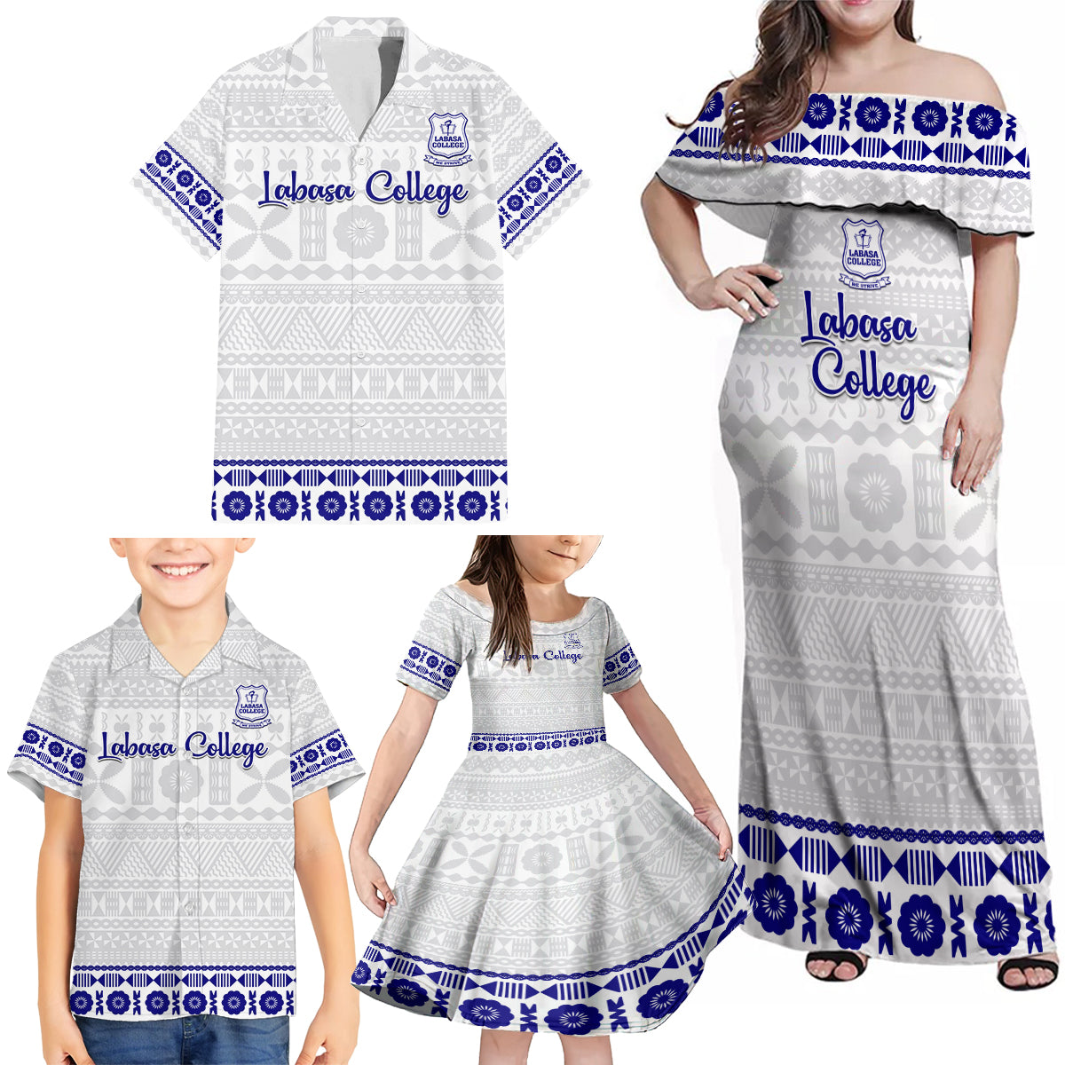 Personalised Fiji Labasa College Family Matching Off Shoulder Maxi Dress and Hawaiian Shirt Fijian Tapa Pattern LT14 - Polynesian Pride