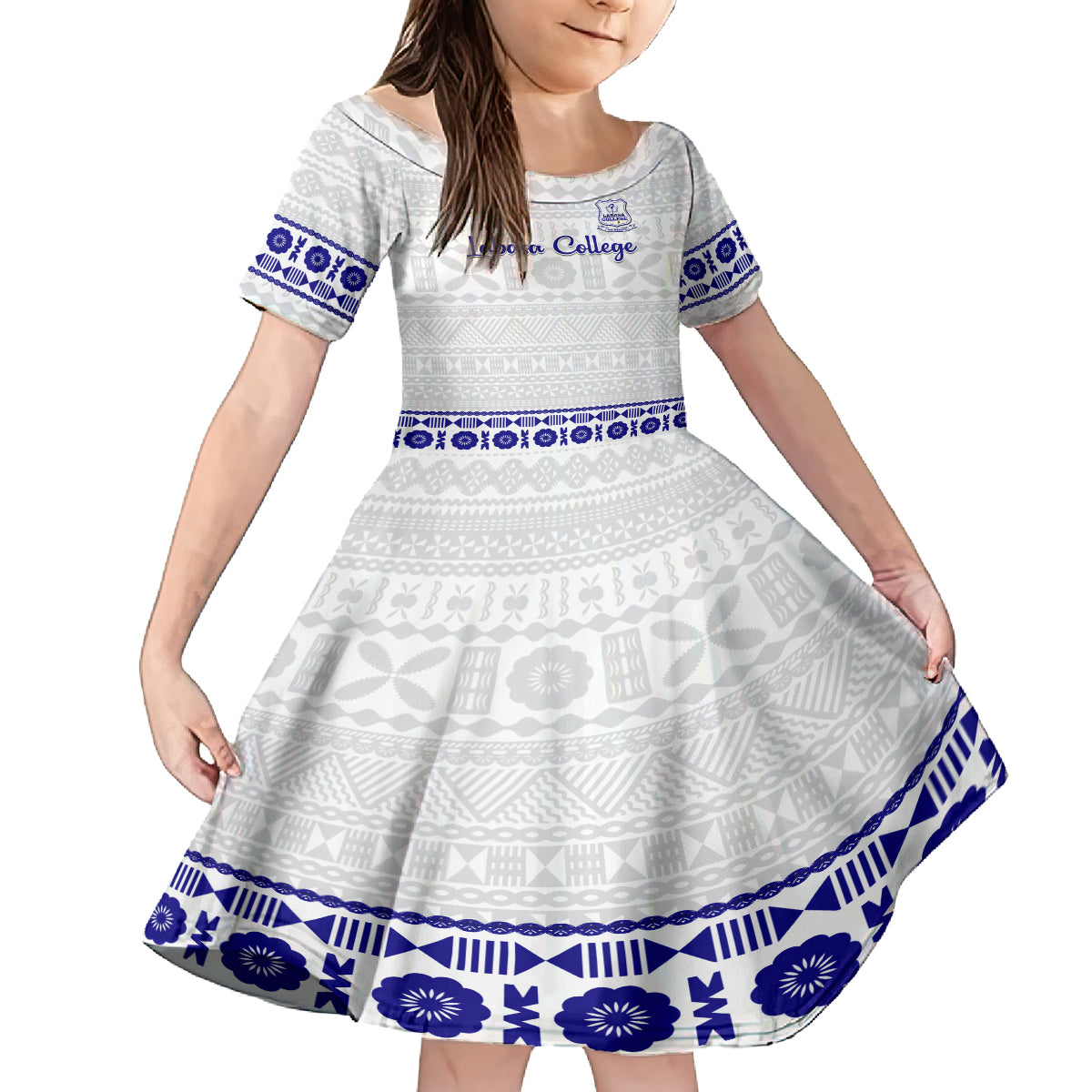 Personalised Fiji Labasa College Family Matching Off Shoulder Short Dress and Hawaiian Shirt Fijian Tapa Pattern LT14 Daughter's Dress White - Polynesian Pride