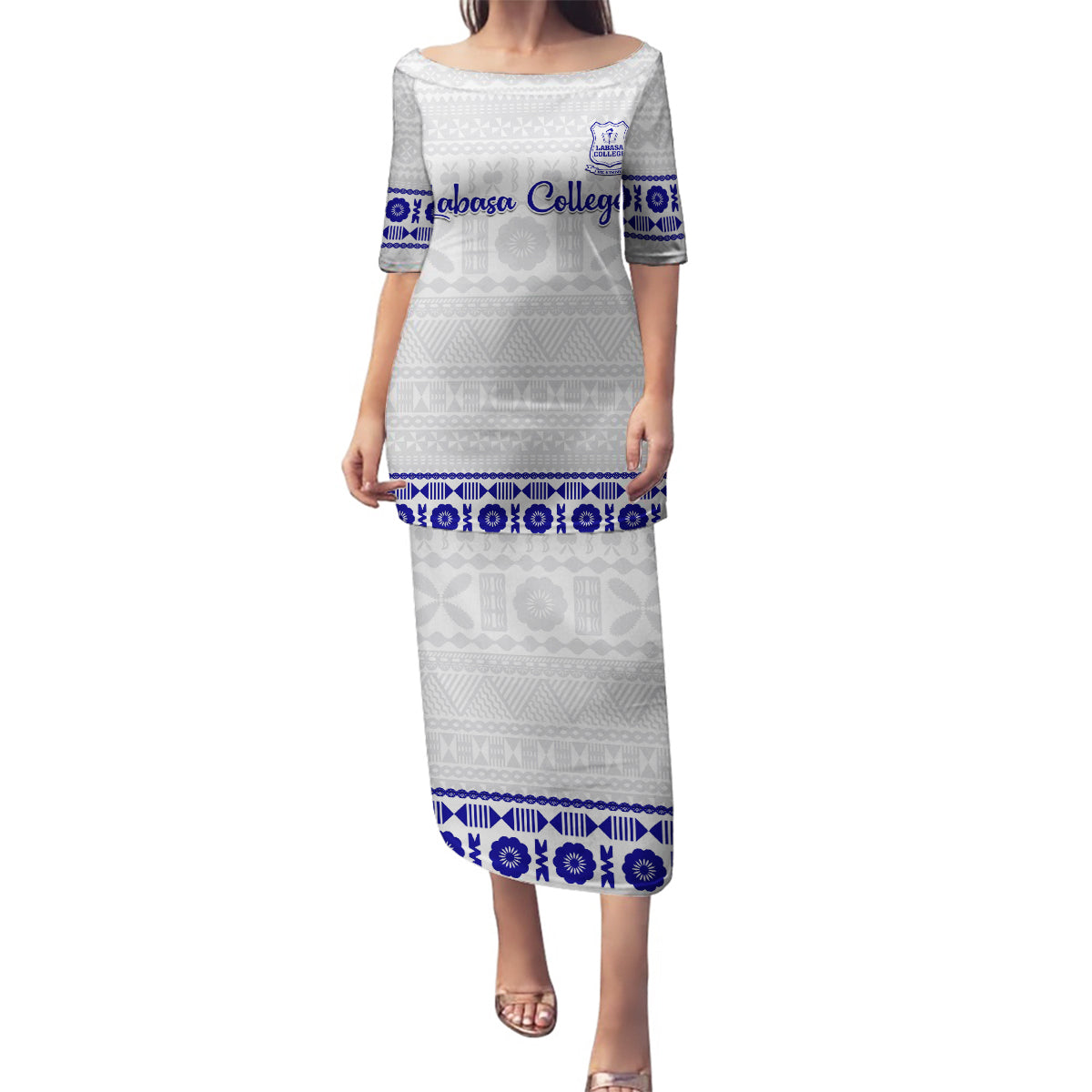 Personalised Fiji Labasa College Family Matching Puletasi Dress and Hawaiian Shirt Fijian Tapa Pattern LT14 Mom's Dress White - Polynesian Pride