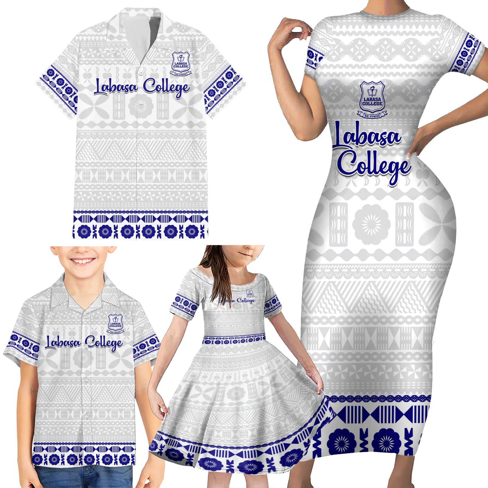 Personalised Fiji Labasa College Family Matching Short Sleeve Bodycon Dress and Hawaiian Shirt Fijian Tapa Pattern LT14 - Polynesian Pride