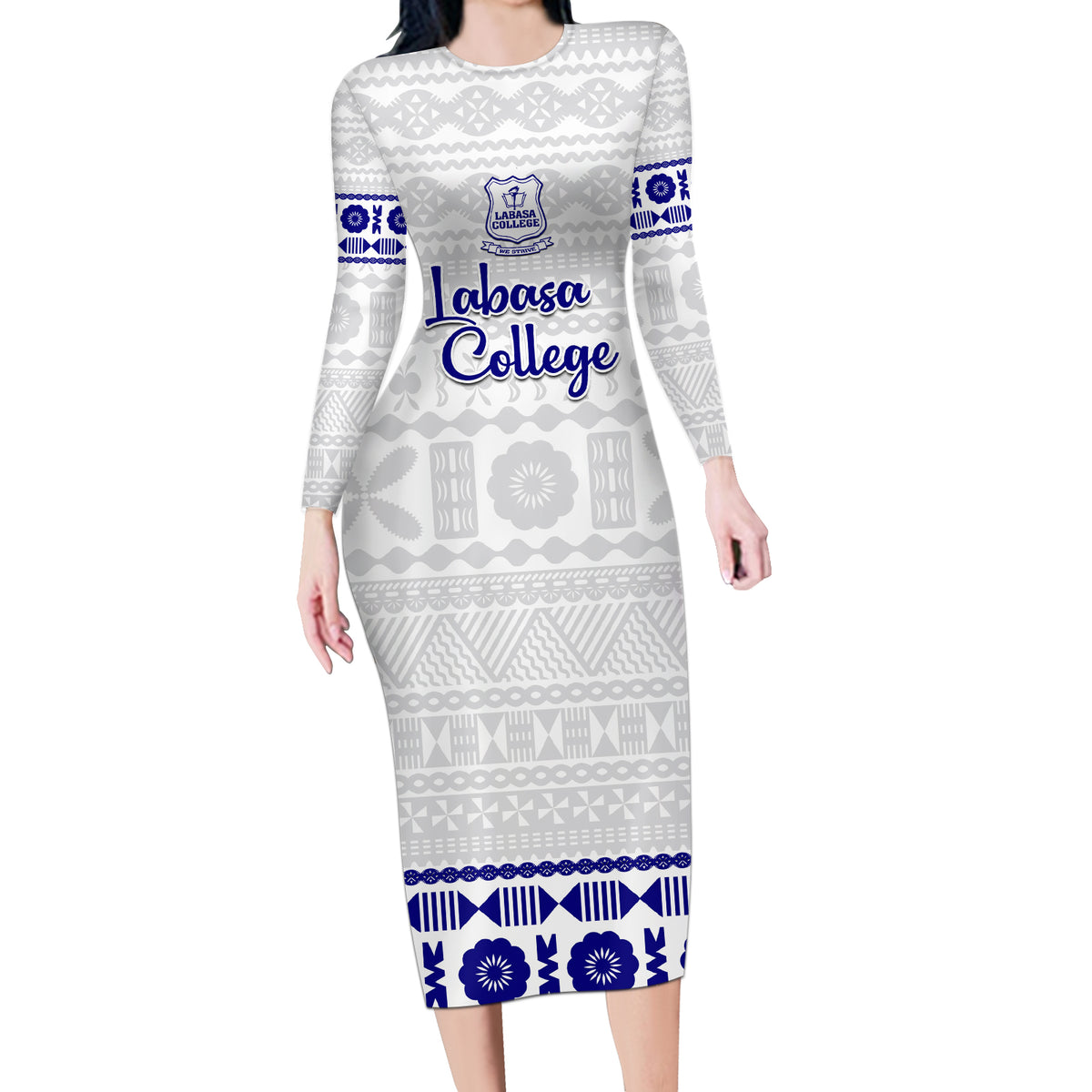 Personalised Fiji Labasa College Long Sleeve Bodycon Dress Fijian Tapa Pattern LT14 Long Dress White - Polynesian Pride