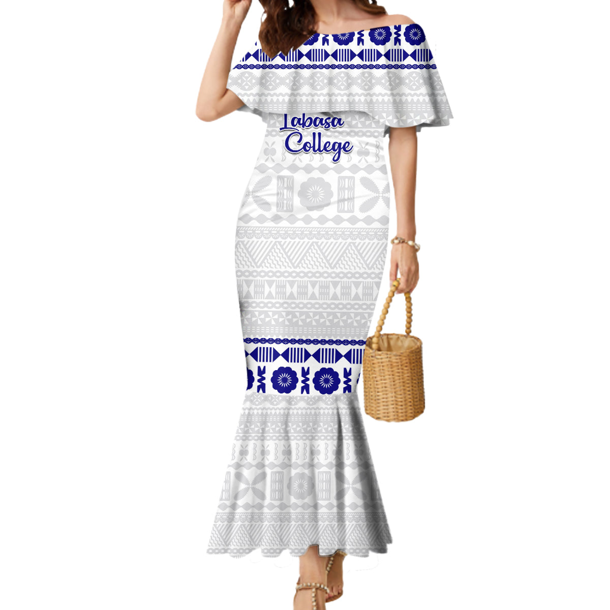 Personalised Fiji Labasa College Mermaid Dress Fijian Tapa Pattern LT14 Women White - Polynesian Pride