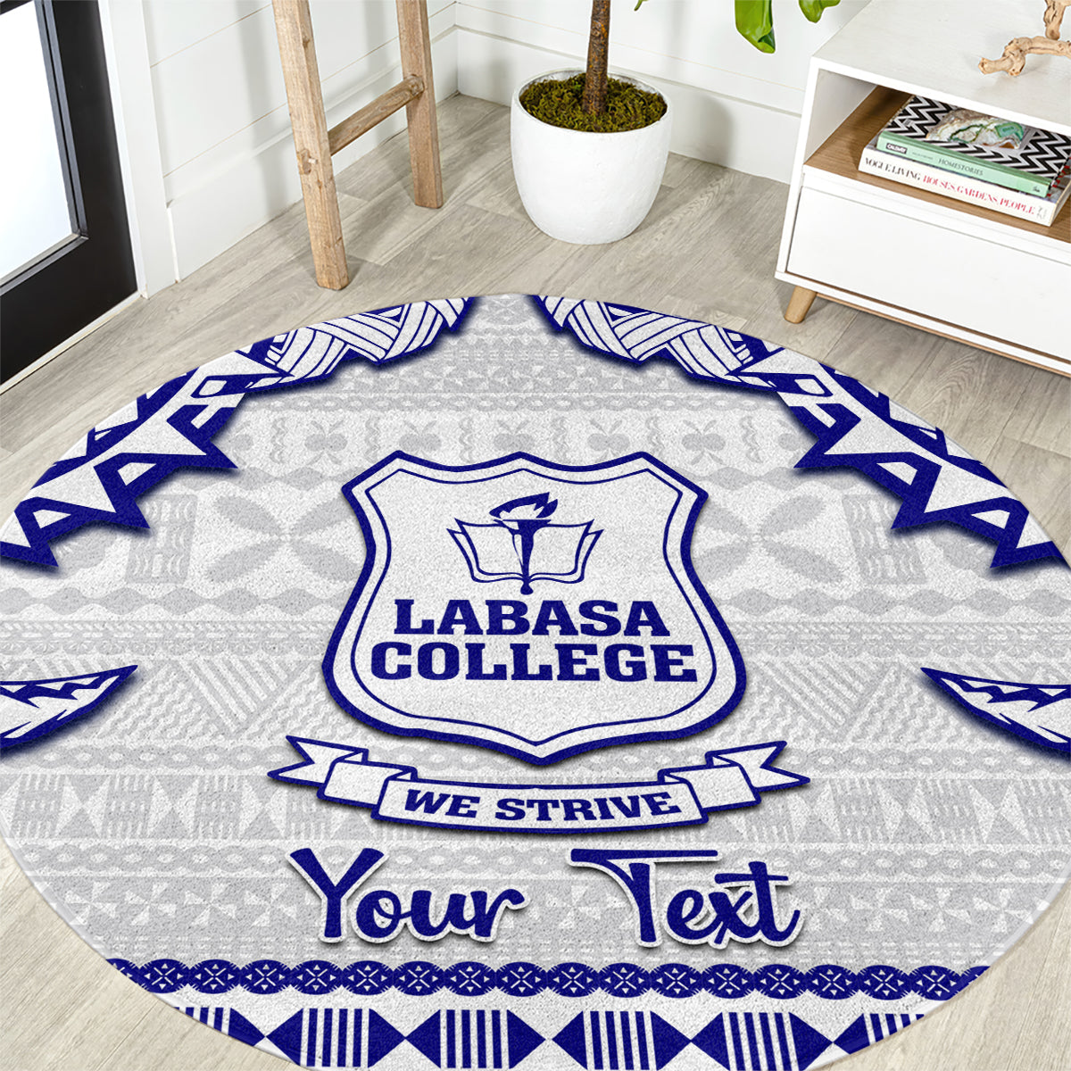 Personalised Fiji Labasa College Round Carpet Fijian Tapa Pattern LT14 White - Polynesian Pride