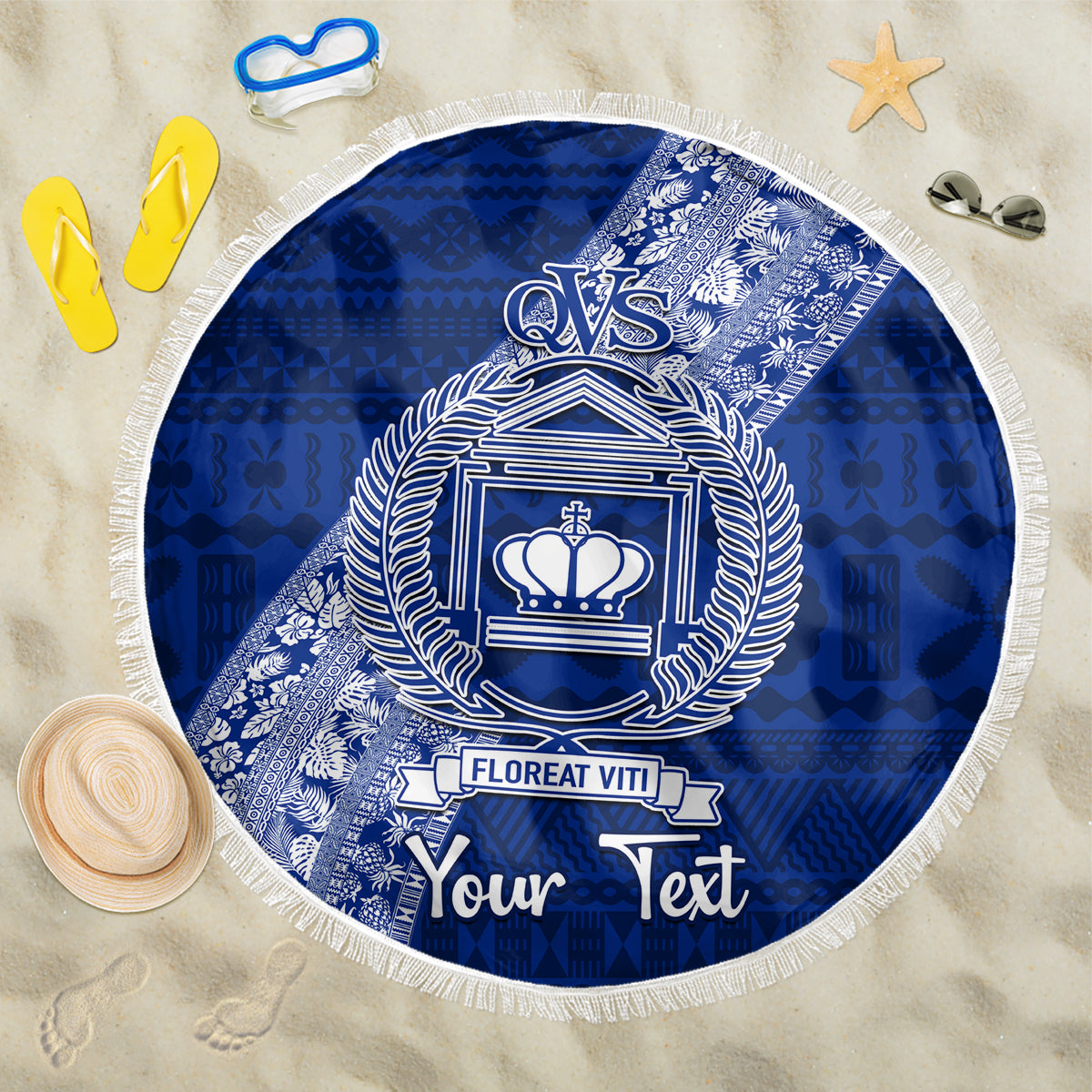 Personalised Fiji Queen Victoria School Beach Blanket Fijian Tapa Pattern LT14 One Size 150cm Blue - Polynesian Pride