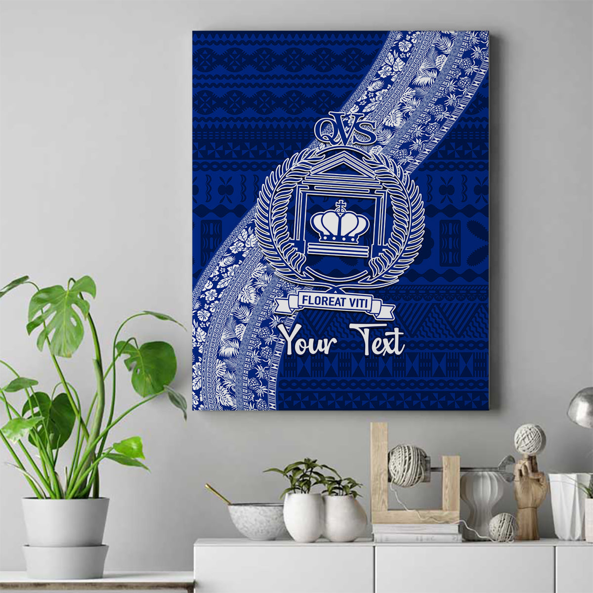 Personalised Fiji Queen Victoria School Canvas Wall Art Fijian Tapa Pattern LT14 Blue - Polynesian Pride