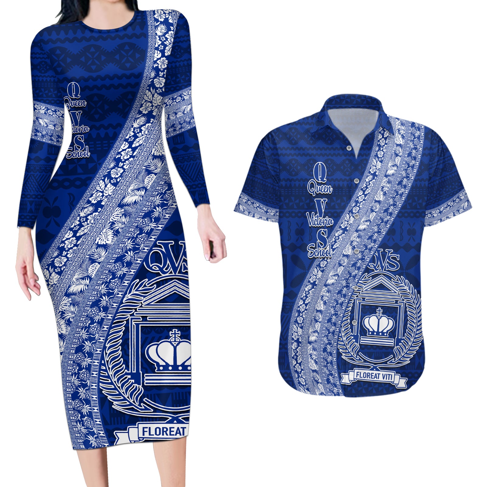 Personalised Fiji Queen Victoria School Couples Matching Long Sleeve Bodycon Dress and Hawaiian Shirt Fijian Tapa Pattern LT14 Blue - Polynesian Pride