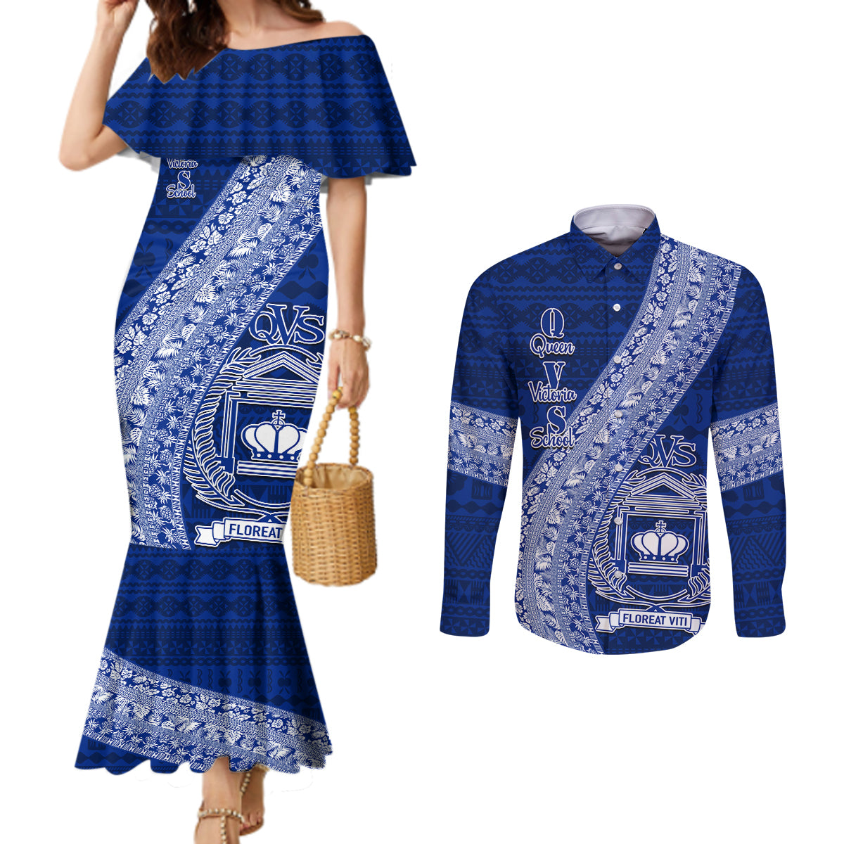 Personalised Fiji Queen Victoria School Couples Matching Mermaid Dress and Long Sleeve Button Shirt Fijian Tapa Pattern LT14 Blue - Polynesian Pride