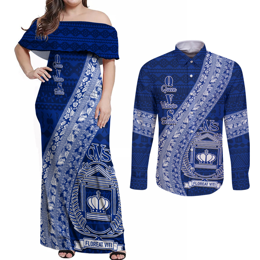 Personalised Fiji Queen Victoria School Couples Matching Off Shoulder Maxi Dress and Long Sleeve Button Shirt Fijian Tapa Pattern LT14 Blue - Polynesian Pride