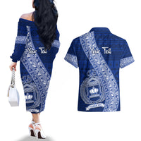 Personalised Fiji Queen Victoria School Couples Matching Off The Shoulder Long Sleeve Dress and Hawaiian Shirt Fijian Tapa Pattern LT14 - Polynesian Pride
