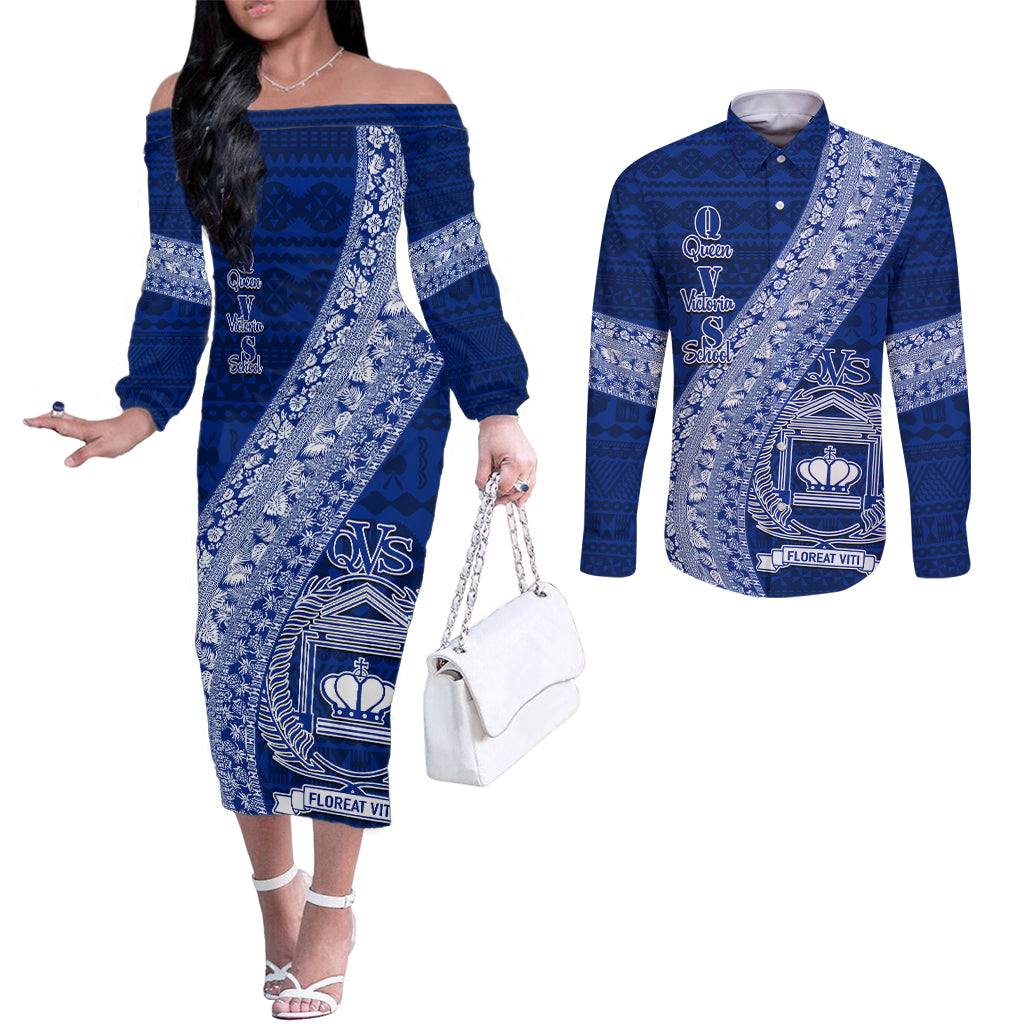 Personalised Fiji Queen Victoria School Couples Matching Off The Shoulder Long Sleeve Dress and Long Sleeve Button Shirt Fijian Tapa Pattern LT14 Blue - Polynesian Pride