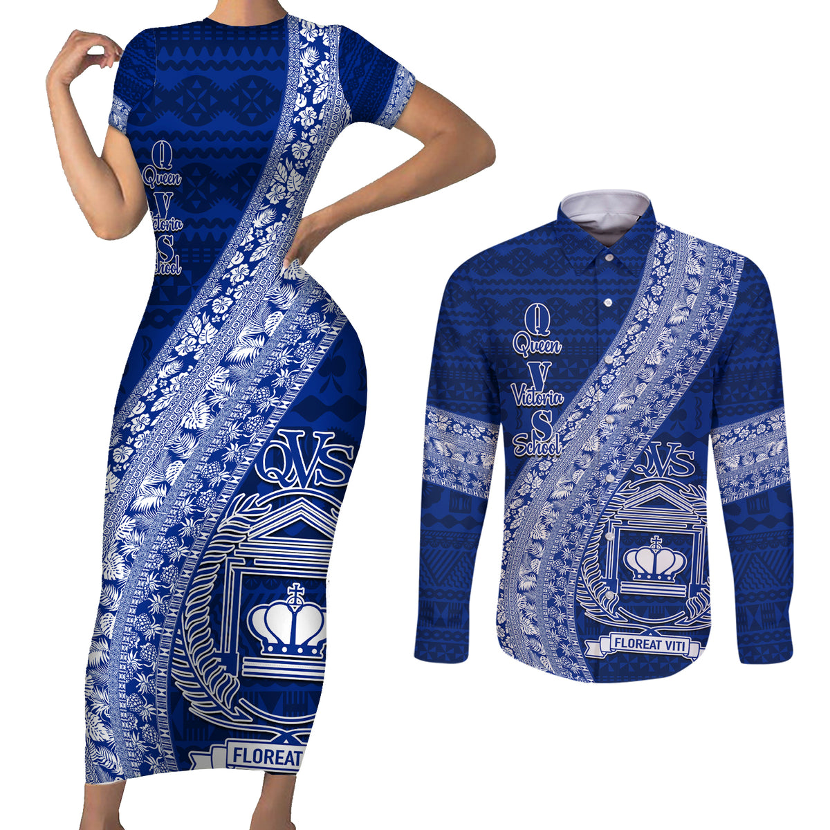 Personalised Fiji Queen Victoria School Couples Matching Short Sleeve Bodycon Dress and Long Sleeve Button Shirt Fijian Tapa Pattern LT14 Blue - Polynesian Pride