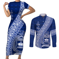Personalised Fiji Queen Victoria School Couples Matching Short Sleeve Bodycon Dress and Long Sleeve Button Shirt Fijian Tapa Pattern LT14 Blue - Polynesian Pride