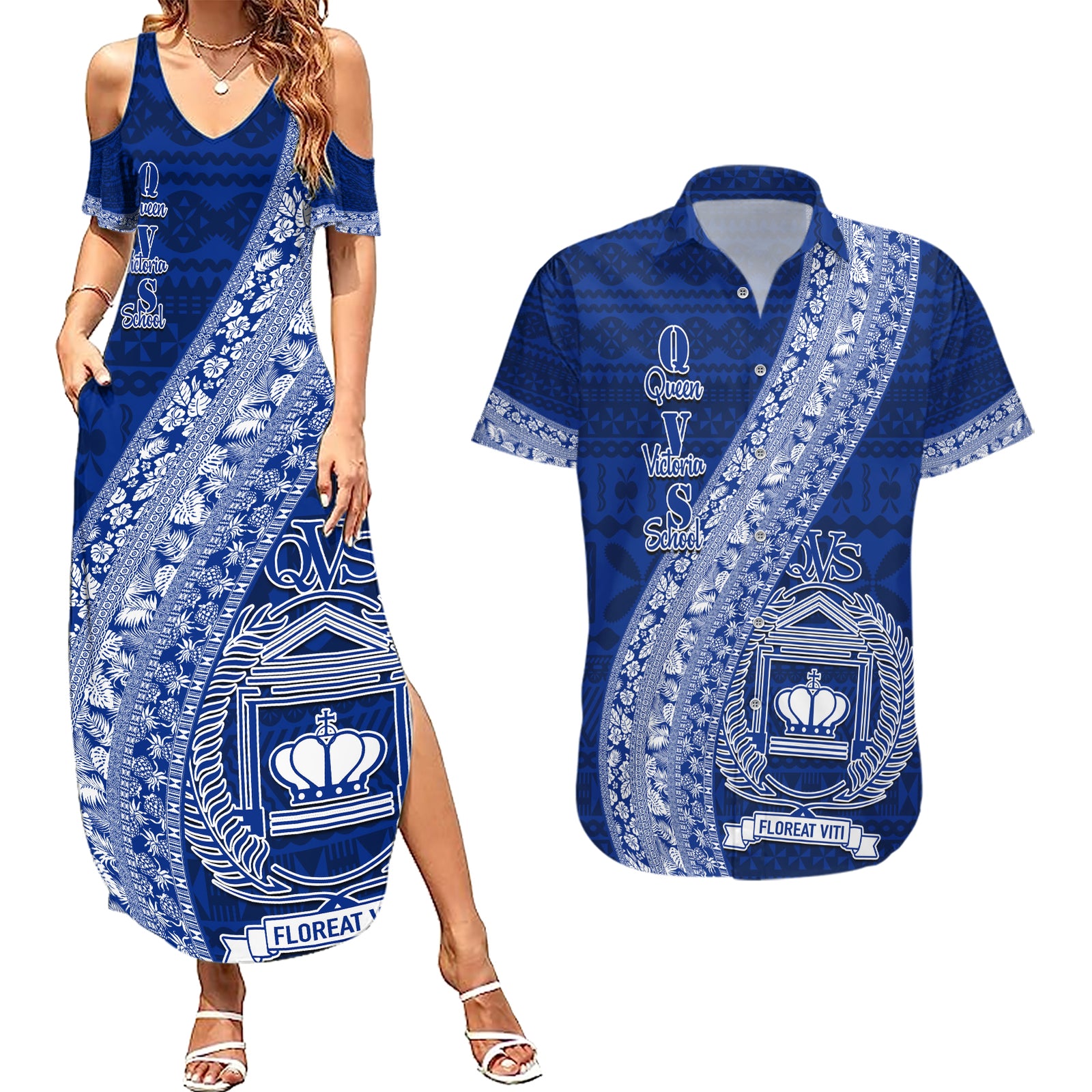Personalised Fiji Queen Victoria School Couples Matching Summer Maxi Dress and Hawaiian Shirt Fijian Tapa Pattern LT14 Blue - Polynesian Pride