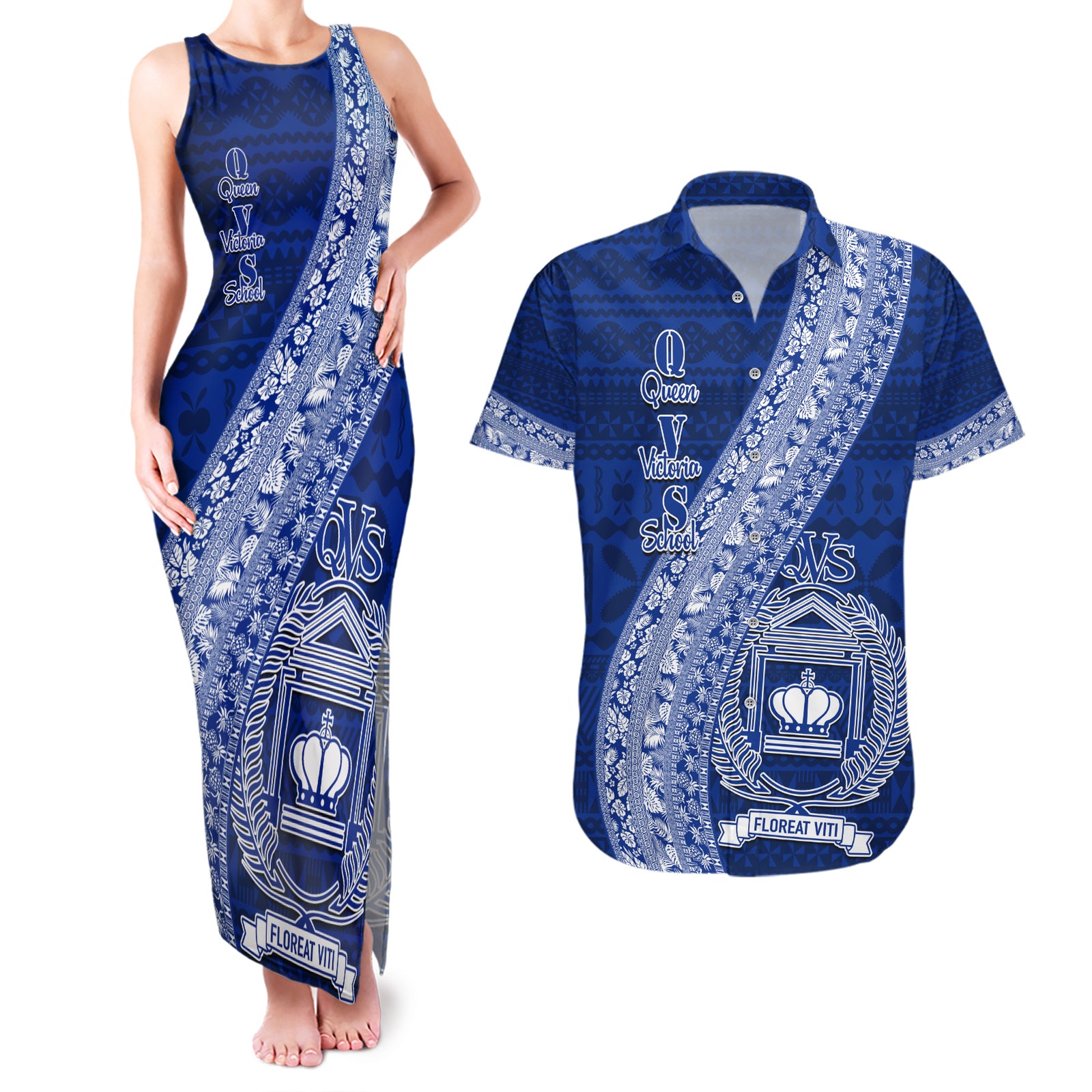 Personalised Fiji Queen Victoria School Couples Matching Tank Maxi Dress and Hawaiian Shirt Fijian Tapa Pattern LT14 Blue - Polynesian Pride