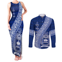 Personalised Fiji Queen Victoria School Couples Matching Tank Maxi Dress and Long Sleeve Button Shirt Fijian Tapa Pattern LT14 Blue - Polynesian Pride