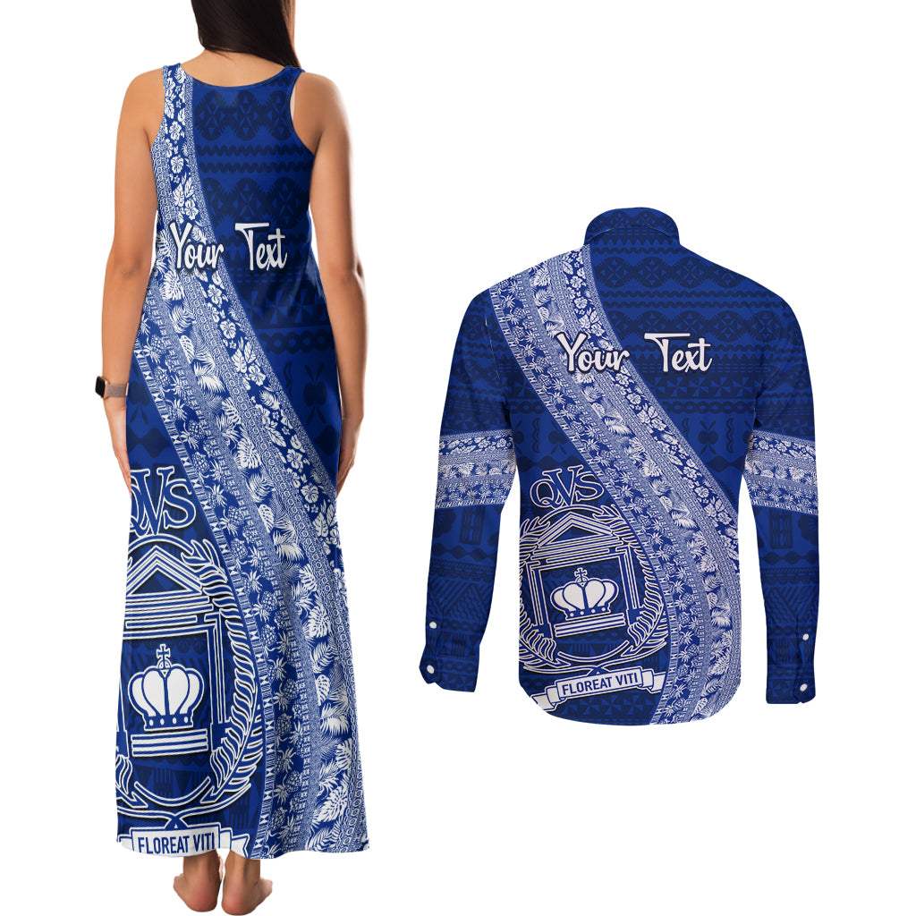 Personalised Fiji Queen Victoria School Couples Matching Tank Maxi Dress and Long Sleeve Button Shirt Fijian Tapa Pattern LT14 - Polynesian Pride