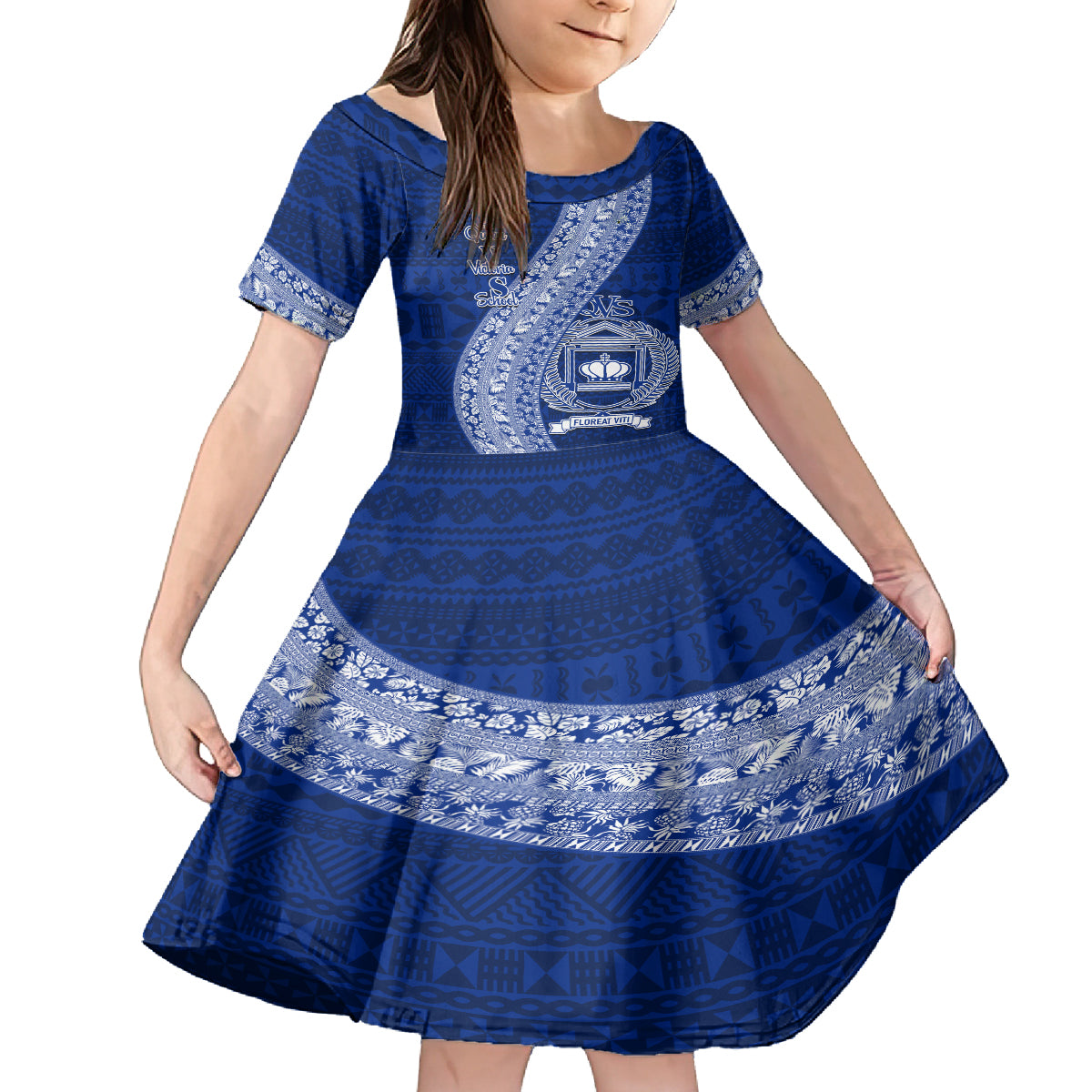 Personalised Fiji Queen Victoria School Family Matching Long Sleeve Bodycon Dress and Hawaiian Shirt Fijian Tapa Pattern LT14 Daughter's Dress Blue - Polynesian Pride