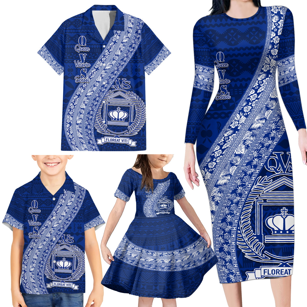 Personalised Fiji Queen Victoria School Family Matching Long Sleeve Bodycon Dress and Hawaiian Shirt Fijian Tapa Pattern LT14 - Polynesian Pride