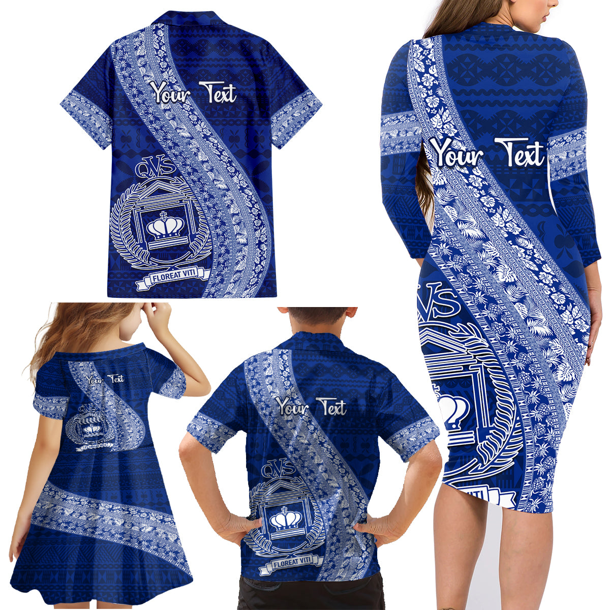 Personalised Fiji Queen Victoria School Family Matching Long Sleeve Bodycon Dress and Hawaiian Shirt Fijian Tapa Pattern LT14 - Polynesian Pride