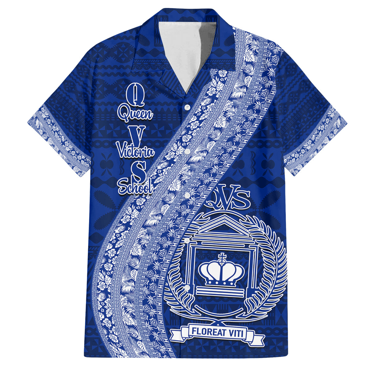 Personalised Fiji Queen Victoria School Family Matching Long Sleeve Bodycon Dress and Hawaiian Shirt Fijian Tapa Pattern LT14 Dad's Shirt - Short Sleeve Blue - Polynesian Pride