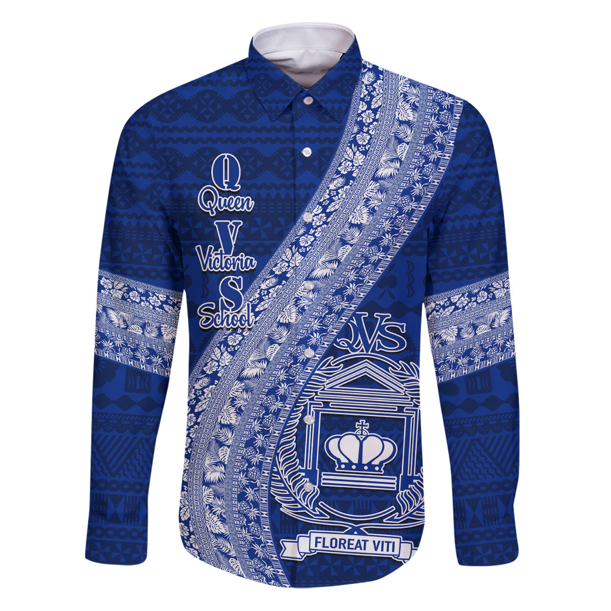 Personalised Fiji Queen Victoria School Family Matching Puletasi Dress and Hawaiian Shirt Fijian Tapa Pattern LT14 Dad's Shirt - Long Sleeve Blue - Polynesian Pride