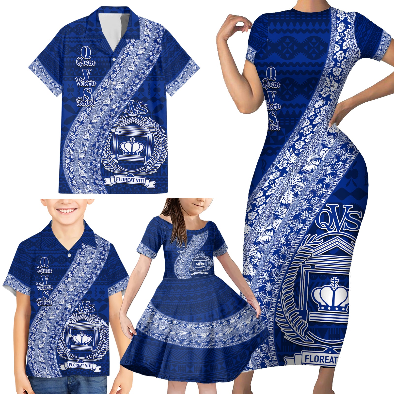 Personalised Fiji Queen Victoria School Family Matching Short Sleeve Bodycon Dress and Hawaiian Shirt Fijian Tapa Pattern LT14 - Polynesian Pride