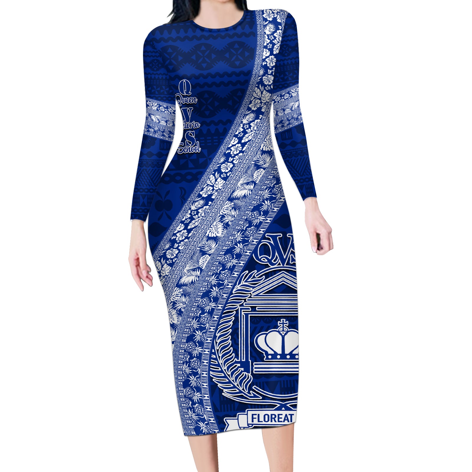 Personalised Fiji Queen Victoria School Long Sleeve Bodycon Dress Fijian Tapa Pattern LT14 Long Dress Blue - Polynesian Pride