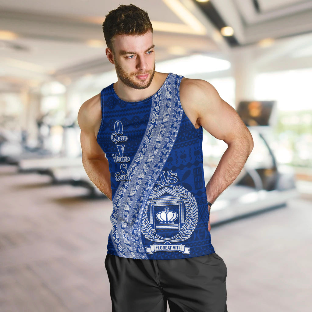 Personalised Fiji Queen Victoria School Men Tank Top Fijian Tapa Pattern LT14 Blue - Polynesian Pride