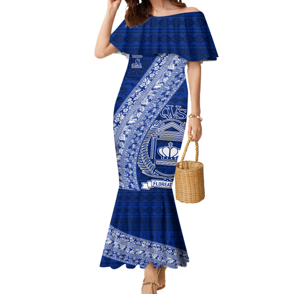 Personalised Fiji Queen Victoria School Mermaid Dress Fijian Tapa Pattern LT14 Women Blue - Polynesian Pride