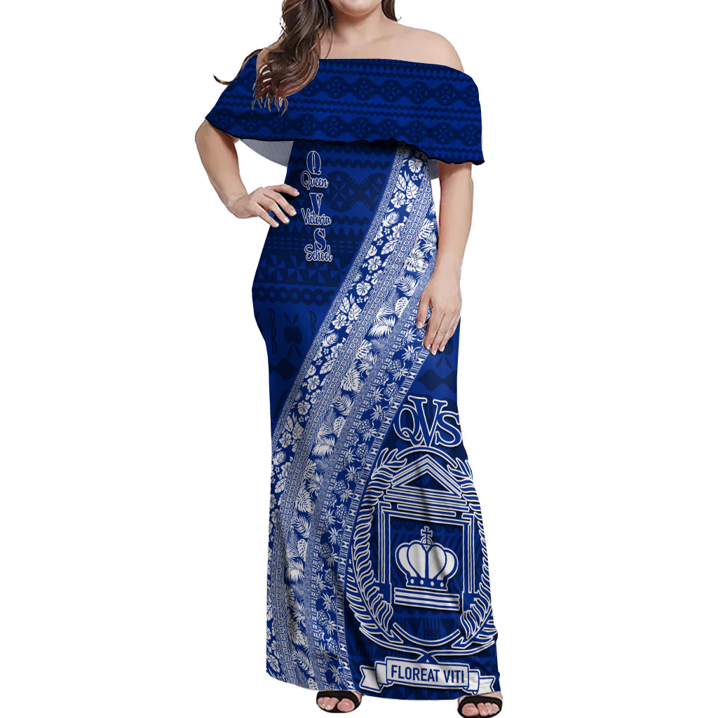 Personalised Fiji Queen Victoria School Off Shoulder Maxi Dress Fijian Tapa Pattern LT14 Women Blue - Polynesian Pride