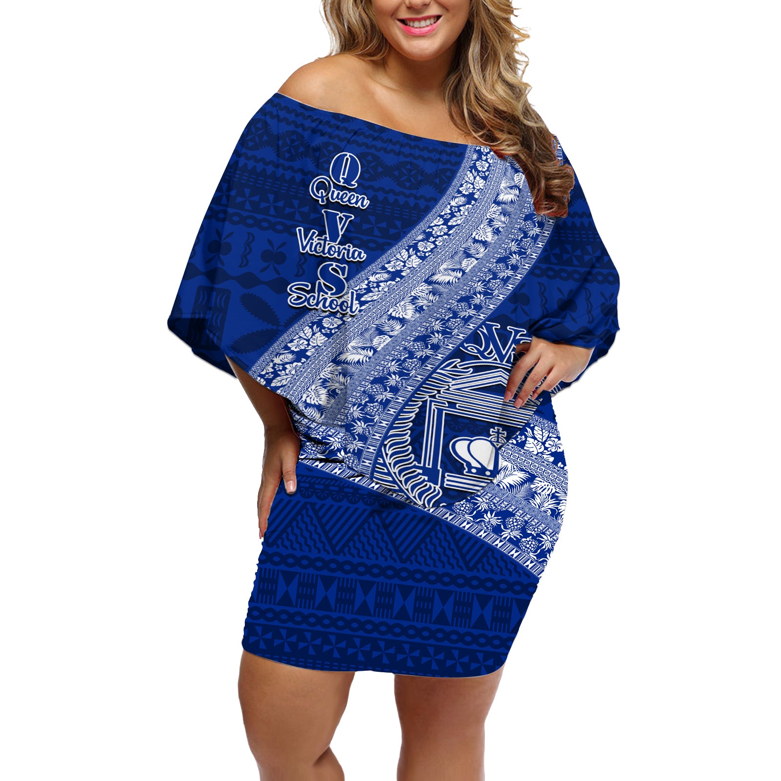 Personalised Fiji Queen Victoria School Off Shoulder Short Dress Fijian Tapa Pattern LT14 Women Blue - Polynesian Pride