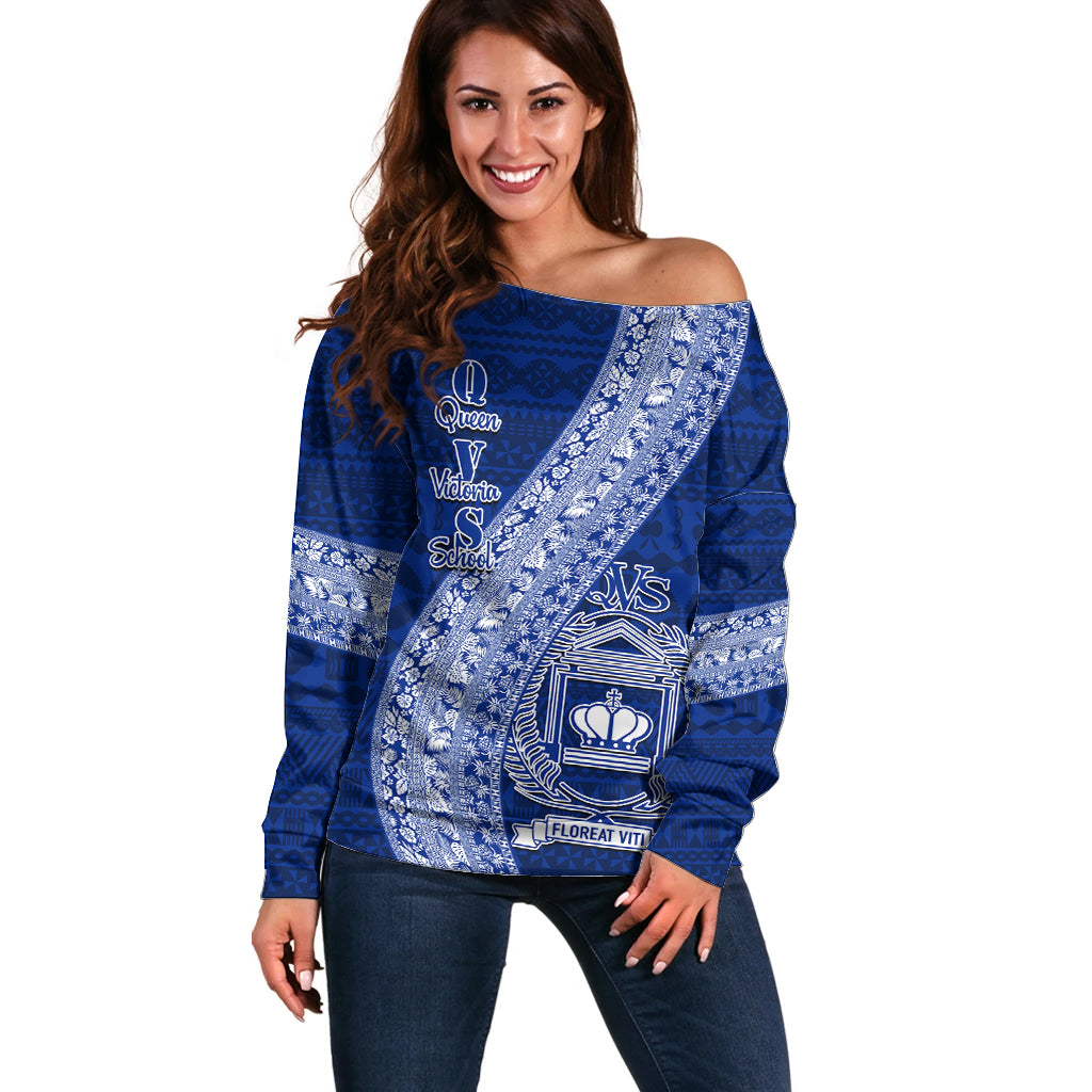 Personalised Fiji Queen Victoria School Off Shoulder Sweater Fijian Tapa Pattern LT14 Women Blue - Polynesian Pride