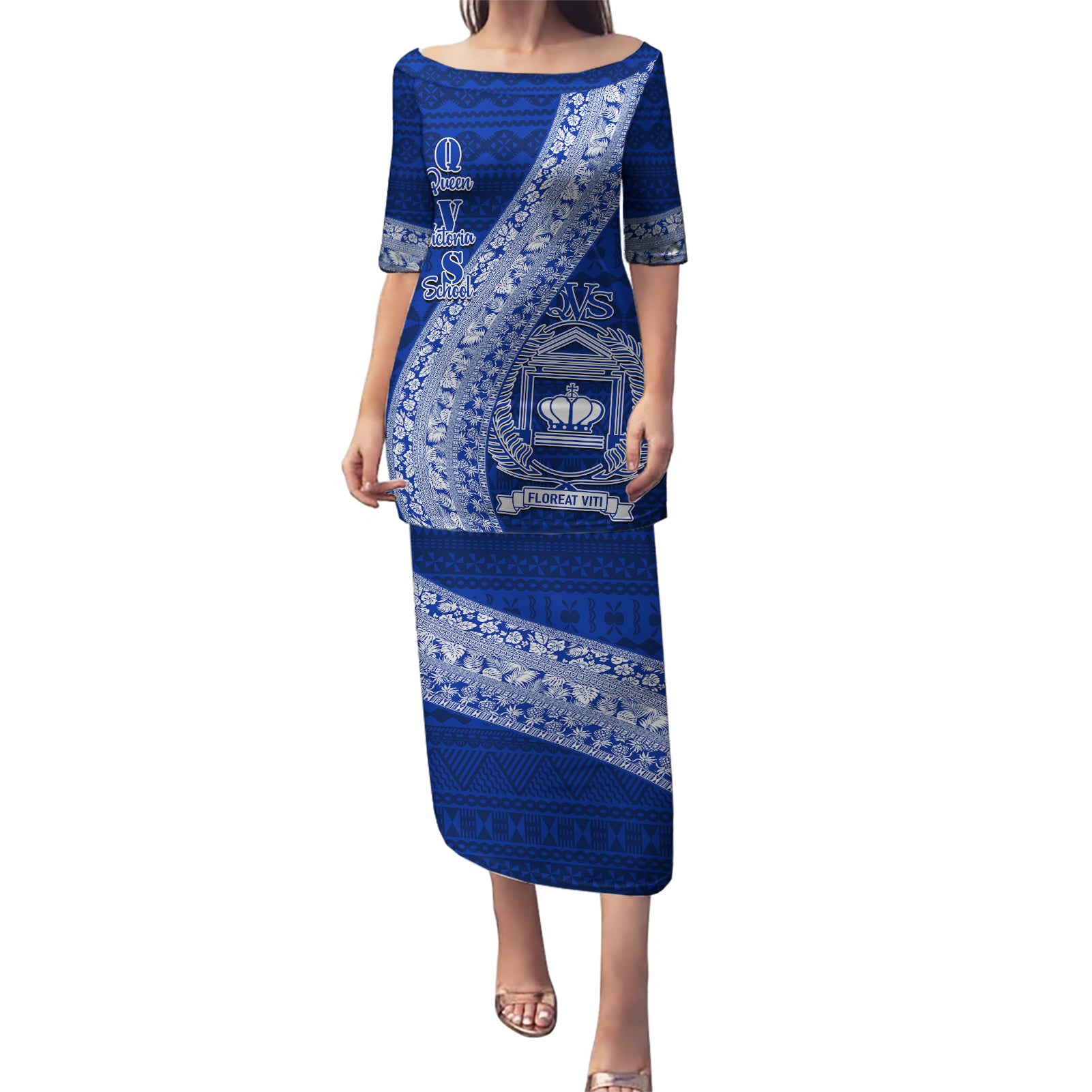 Personalised Fiji Queen Victoria School Puletasi Fijian Tapa Pattern LT14 Long Dress Blue - Polynesian Pride