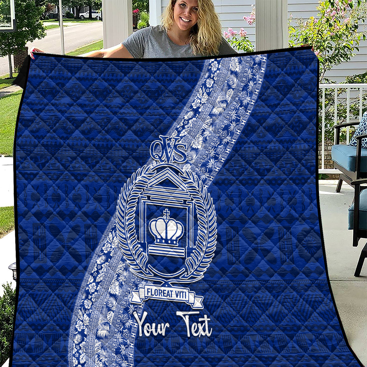 Personalised Fiji Queen Victoria School Quilt Fijian Tapa Pattern LT14 Blue - Polynesian Pride