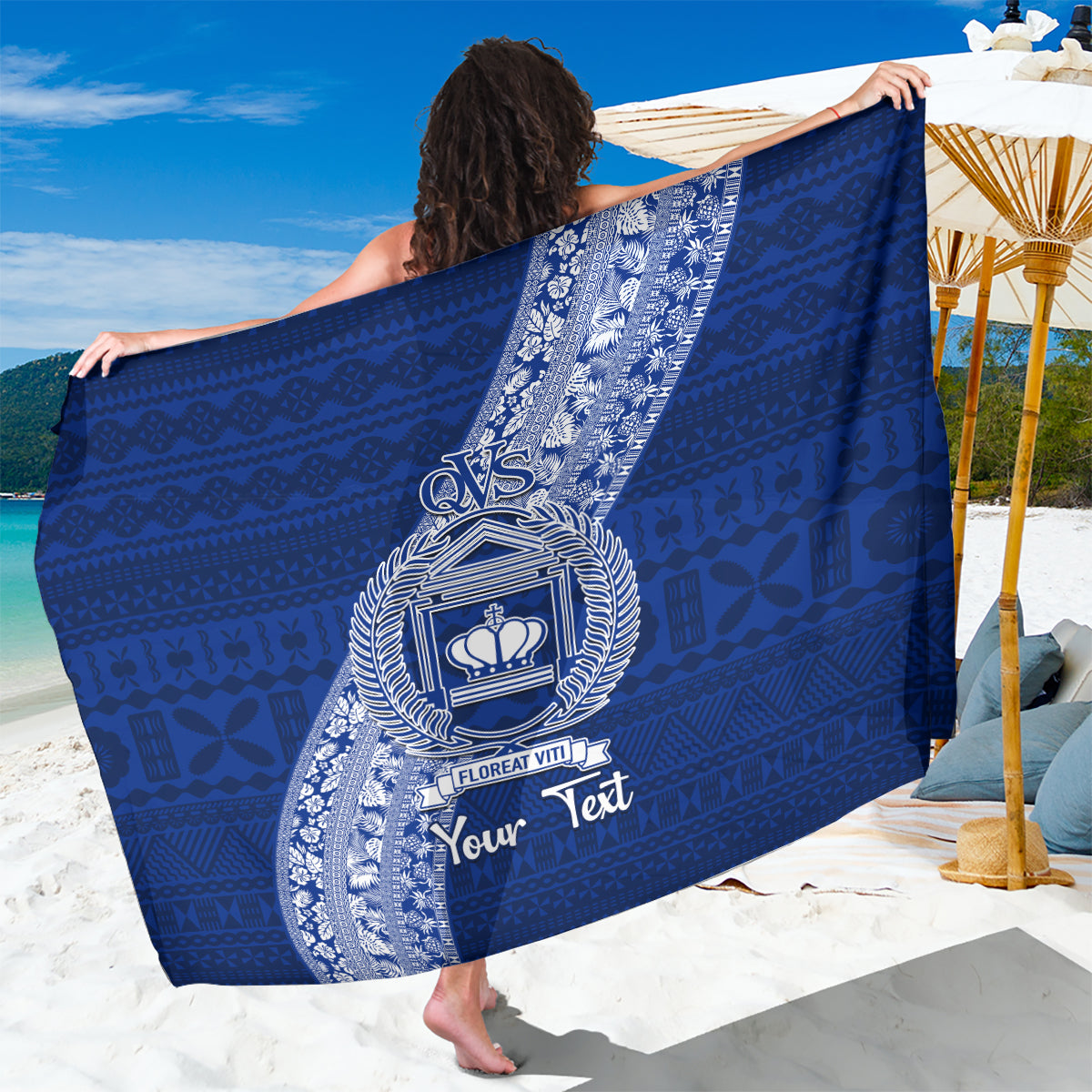 Personalised Fiji Queen Victoria School Sarong Fijian Tapa Pattern LT14 One Size 44 x 66 inches Blue - Polynesian Pride