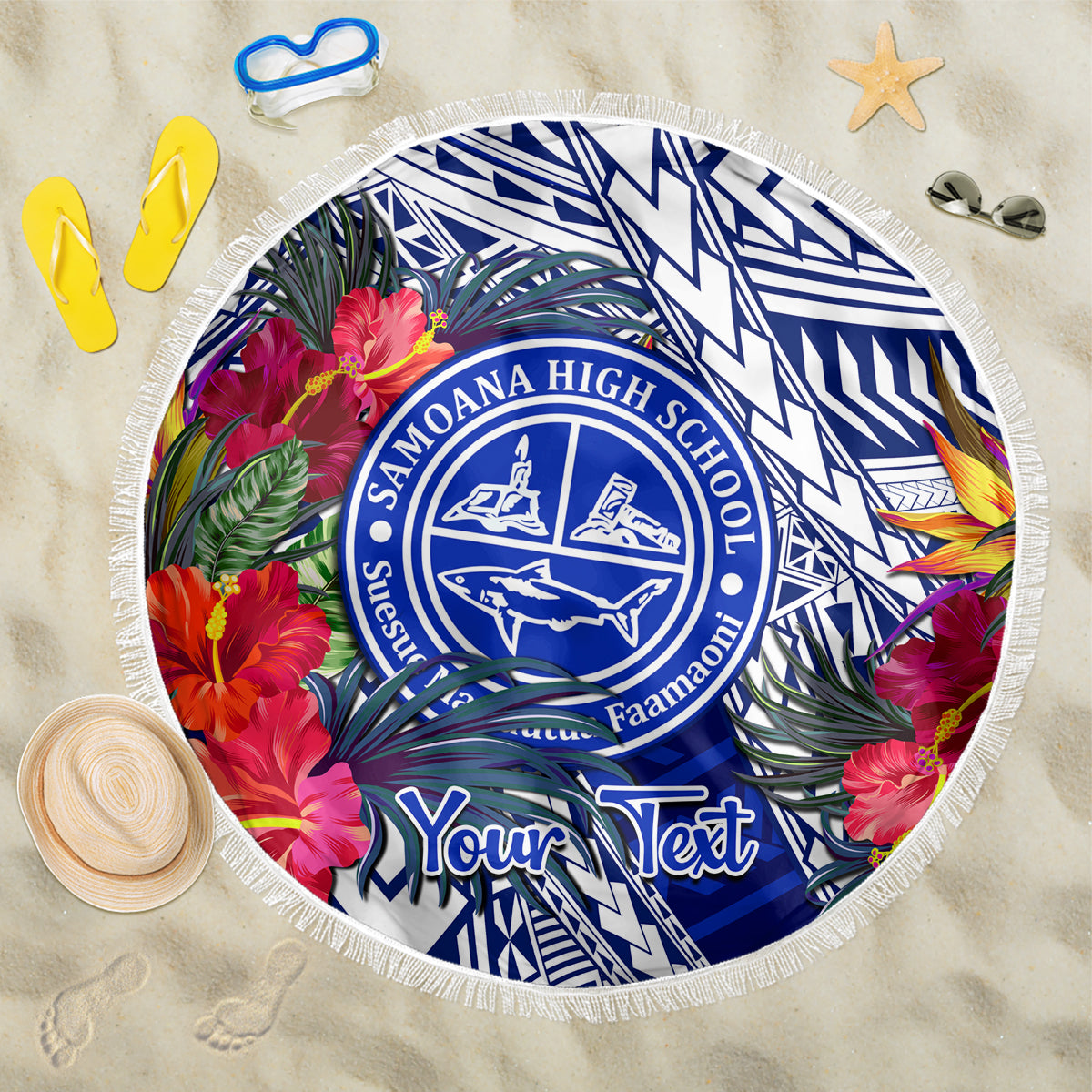 Personalised Samoana High School Beach Blanket American Samoa Schools Polynesian Tropical Flowers LT14 One Size 150cm Blue - Polynesian Pride