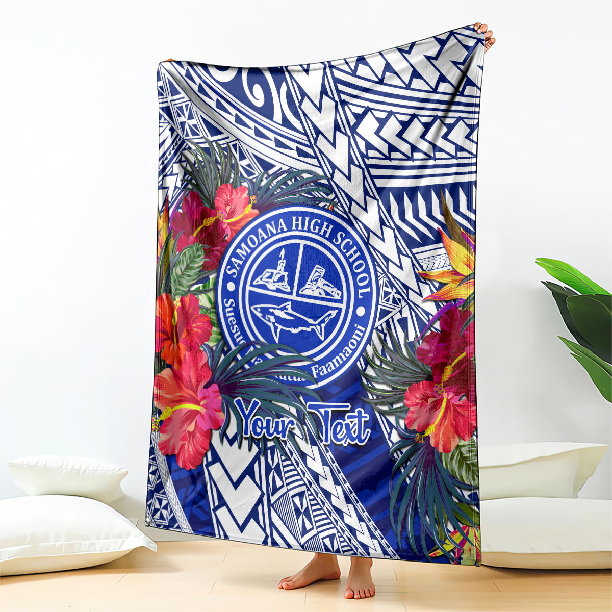 Personalised Samoana High School Blanket American Samoa Schools Polynesian Tropical Flowers LT14 Blue - Polynesian Pride