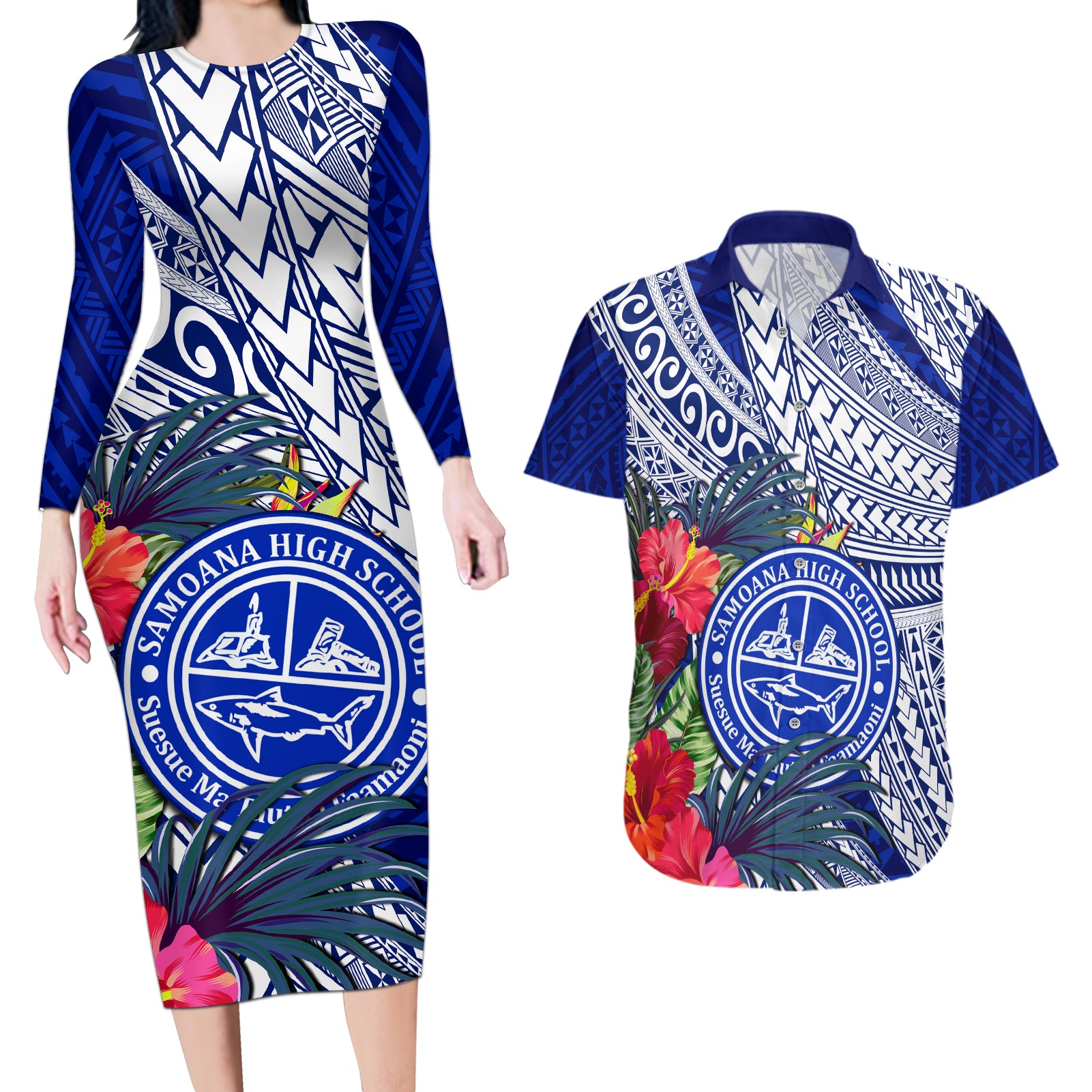 Personalised Samoana High School Couples Matching Long Sleeve Bodycon Dress and Hawaiian Shirt American Samoa Schools Polynesian Tropical Flowers LT14 Blue - Polynesian Pride