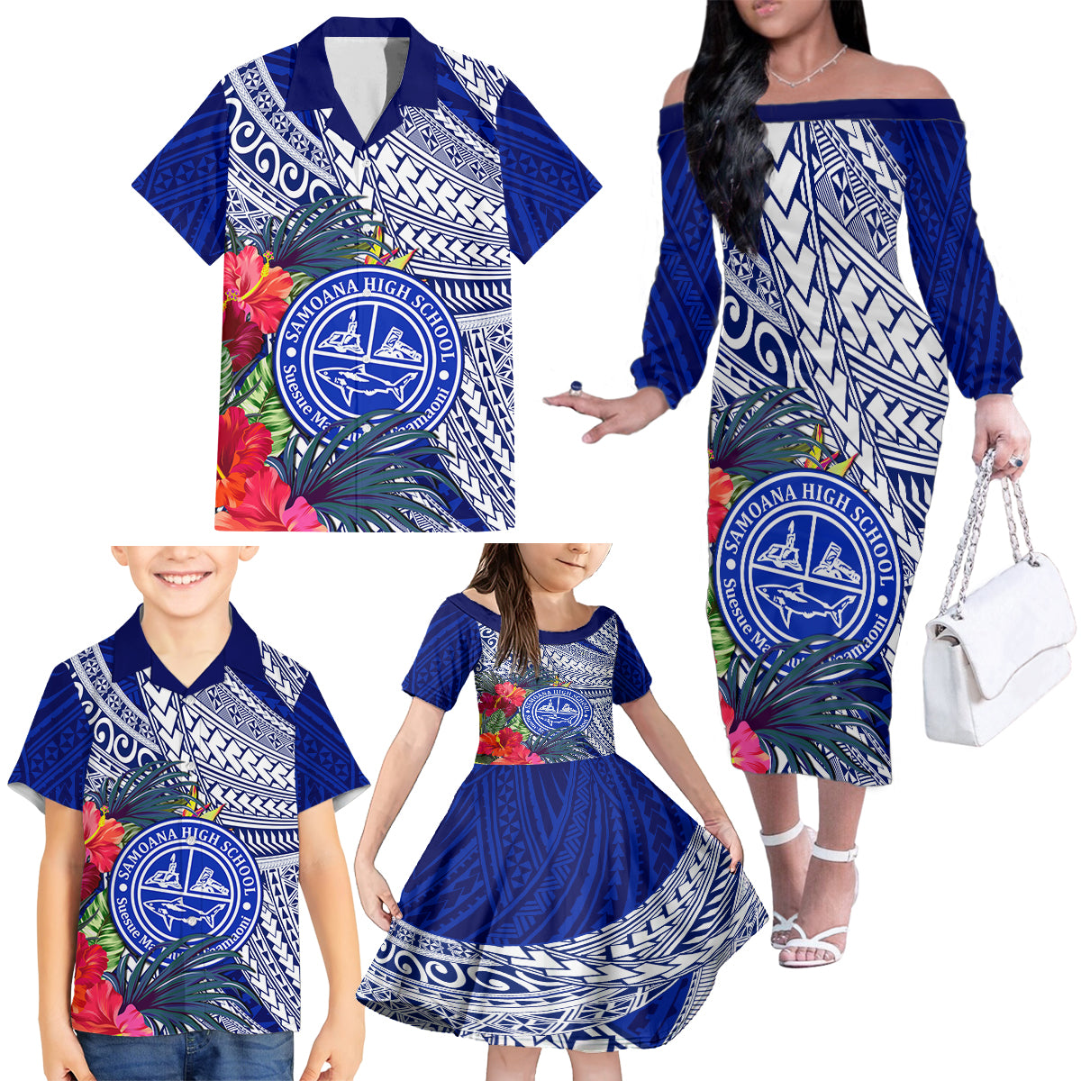 Personalised Samoana High School Family Matching Off Shoulder Long Sleeve Dress and Hawaiian Shirt American Samoa Schools Polynesian Tropical Flowers LT14 - Polynesian Pride