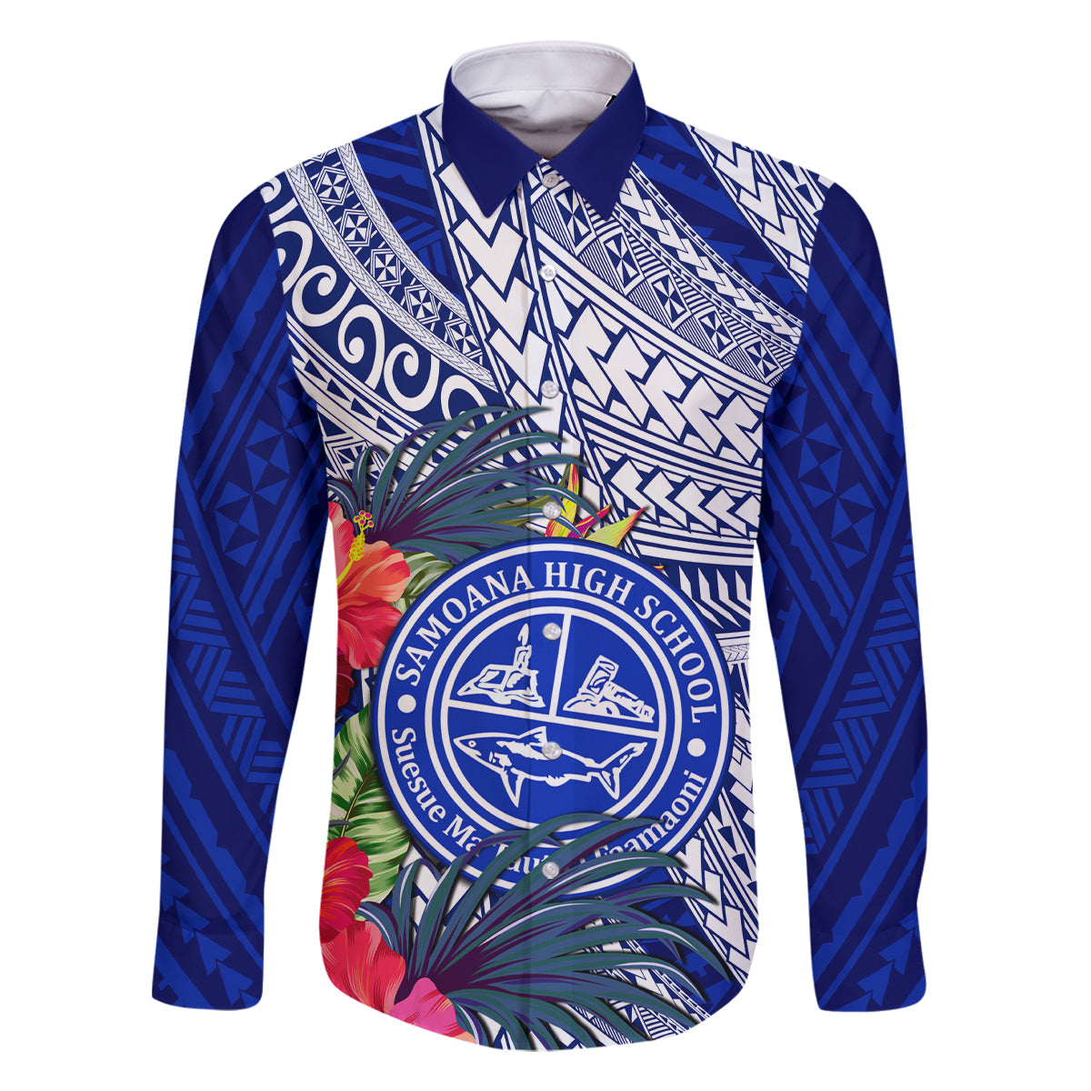 Personalised Samoana High School Family Matching Off Shoulder Long Sleeve Dress and Hawaiian Shirt American Samoa Schools Polynesian Tropical Flowers LT14 Dad's Shirt - Long Sleeve Blue - Polynesian Pride