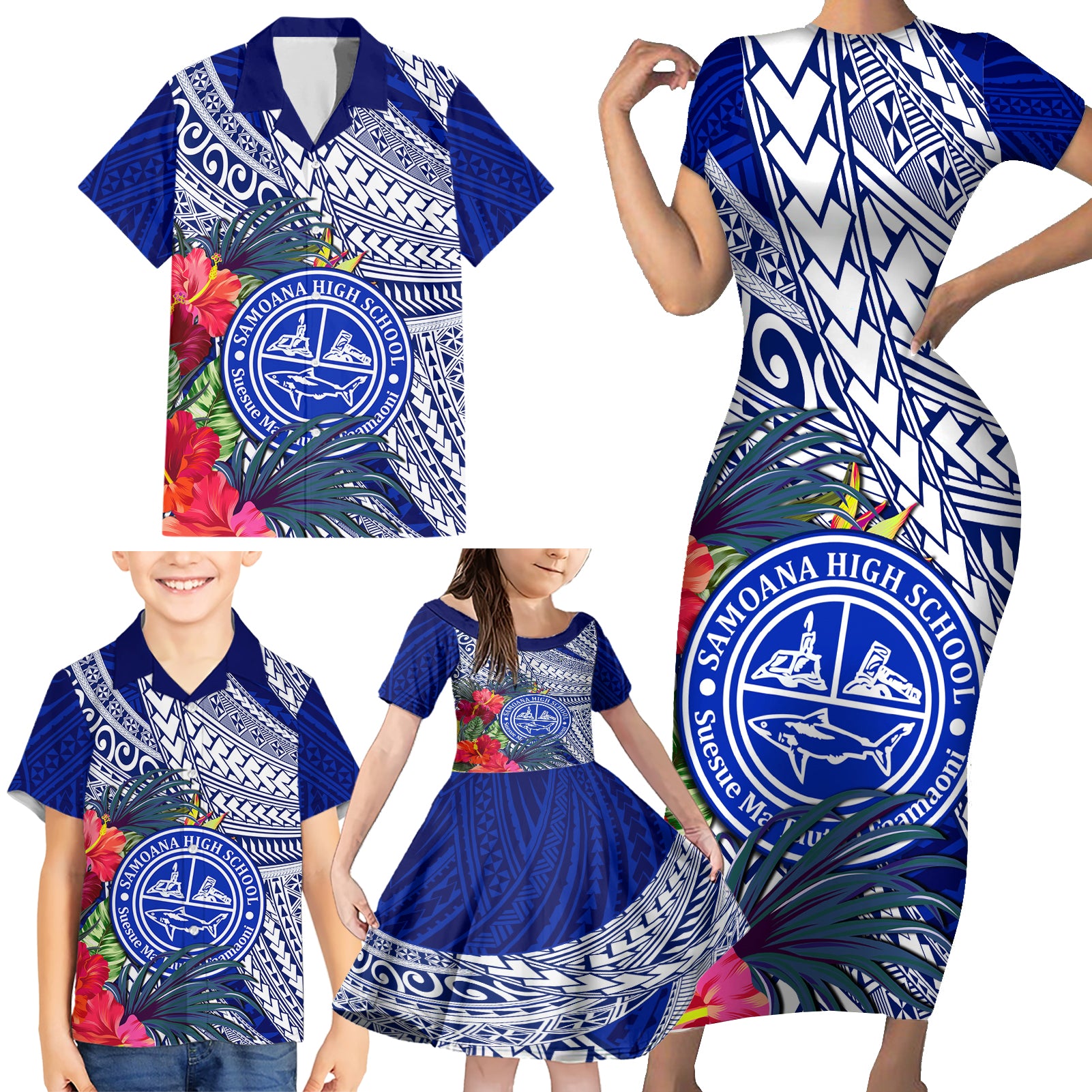 Personalised Samoana High School Family Matching Short Sleeve Bodycon Dress and Hawaiian Shirt American Samoa Schools Polynesian Tropical Flowers LT14 - Polynesian Pride