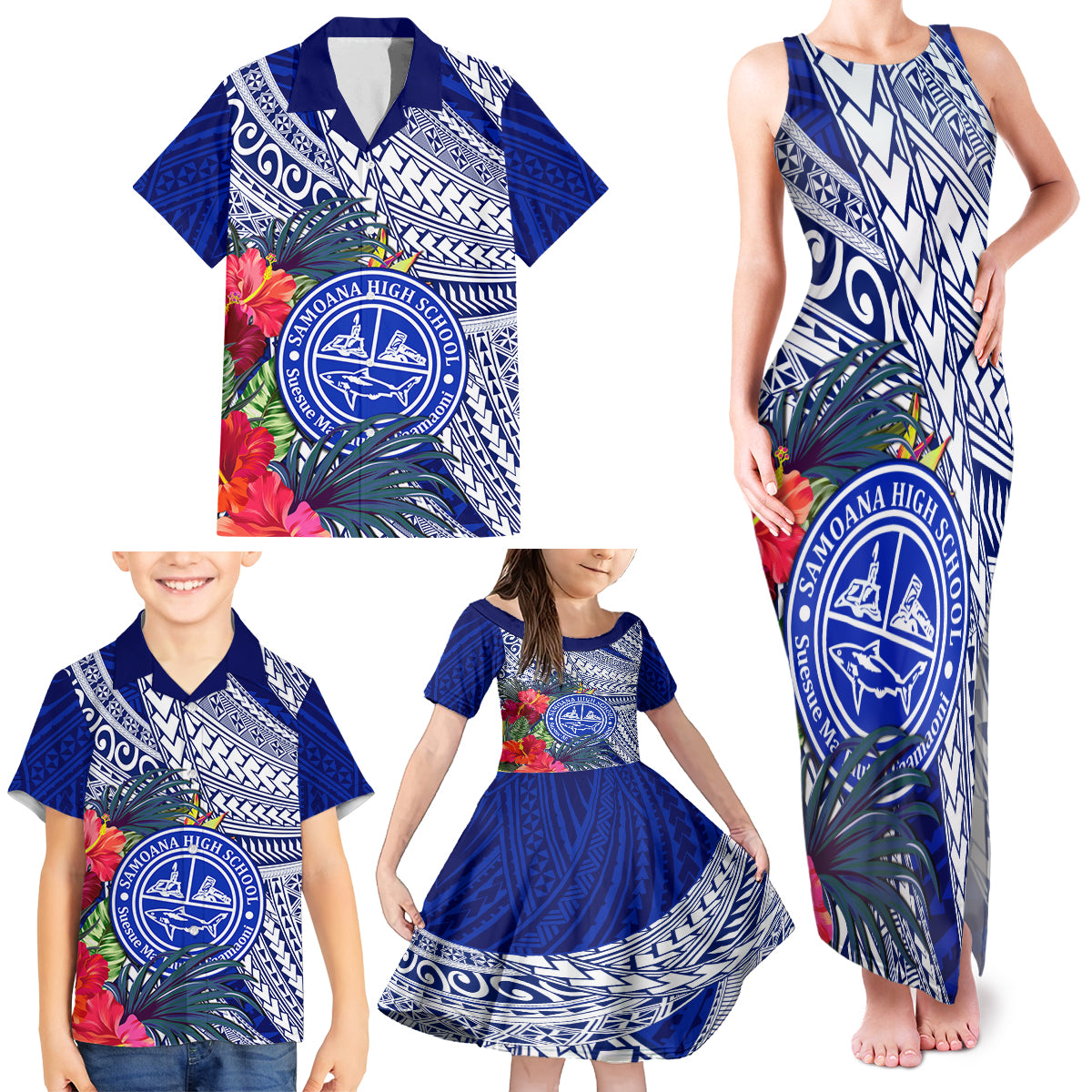 Personalised Samoana High School Family Matching Tank Maxi Dress and Hawaiian Shirt American Samoa Schools Polynesian Tropical Flowers LT14 - Polynesian Pride