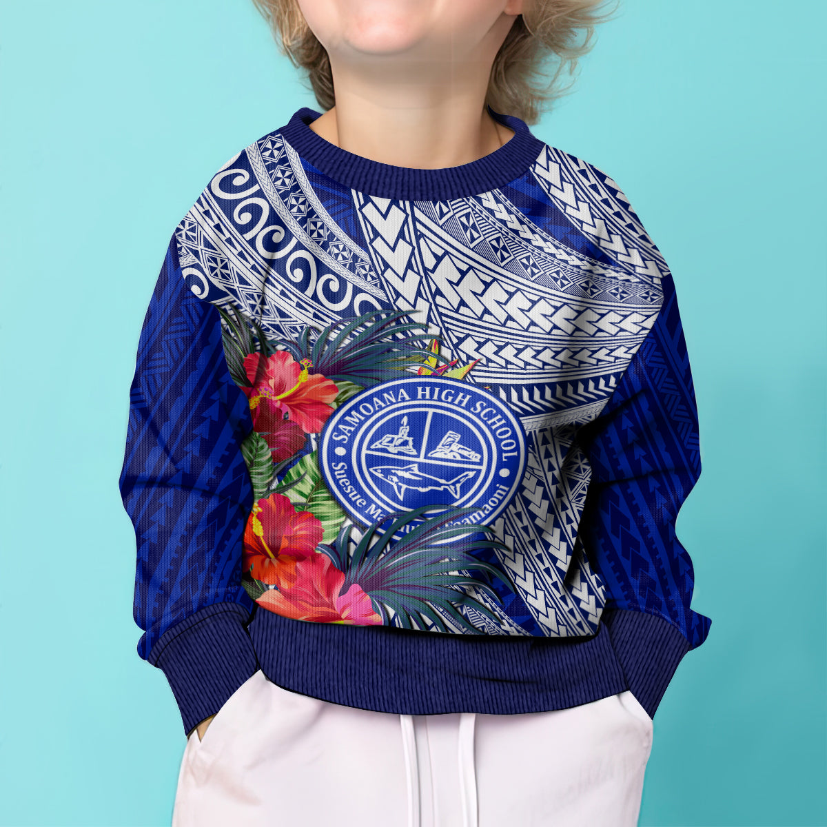 Personalised Samoana High School Kid Ugly Christmas Sweater American Samoa Schools Polynesian Tropical Flowers LT14 - Polynesian Pride