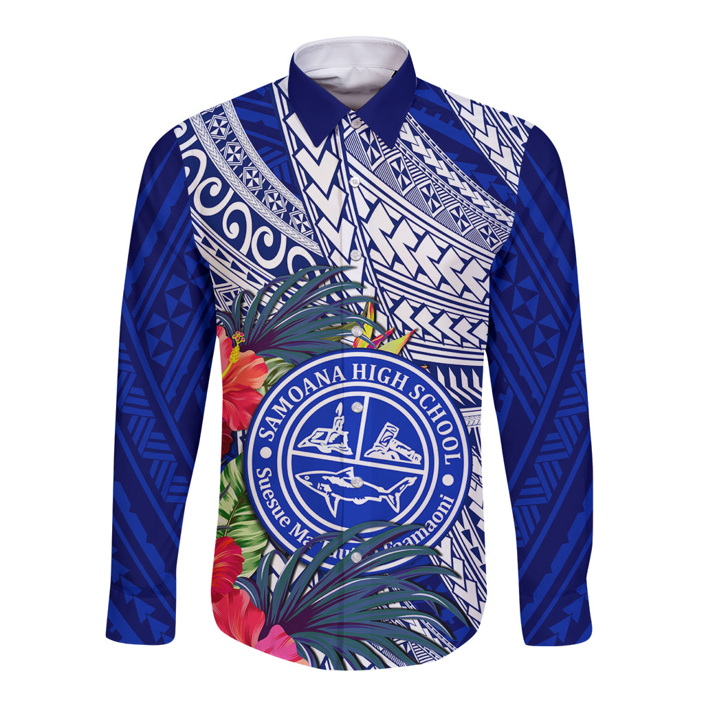 Personalised Samoana High School Long Sleeve Button Shirt American Samoa Schools Polynesian Tropical Flowers LT14 Unisex Blue - Polynesian Pride