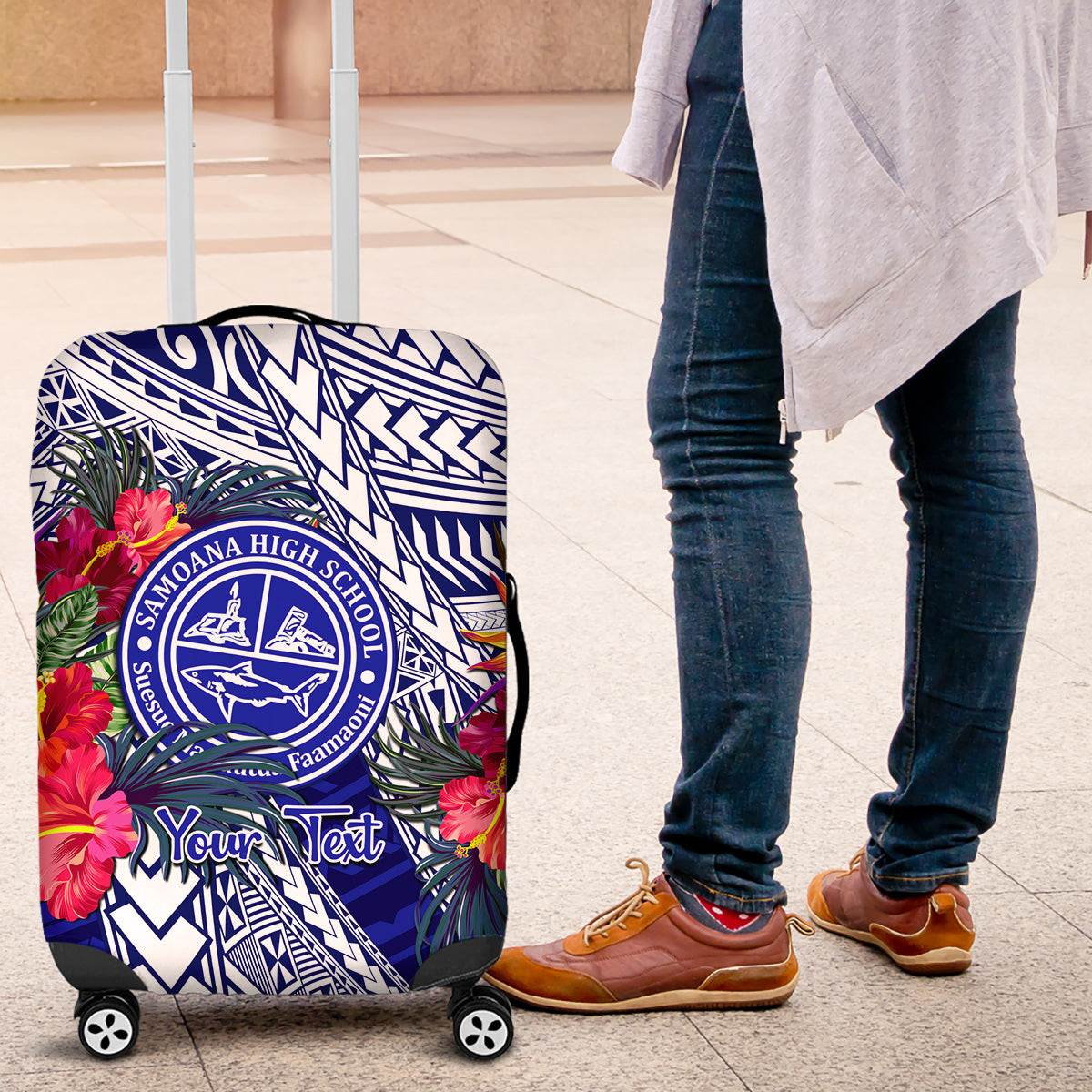Personalised Samoana High School Luggage Cover American Samoa Schools Polynesian Tropical Flowers LT14 Blue - Polynesian Pride