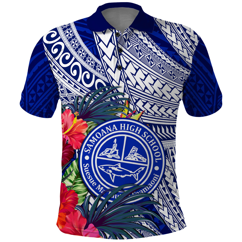 Personalised Samoana High School Polo Shirt American Samoa Schools Polynesian Tropical Flowers LT14 Blue - Polynesian Pride