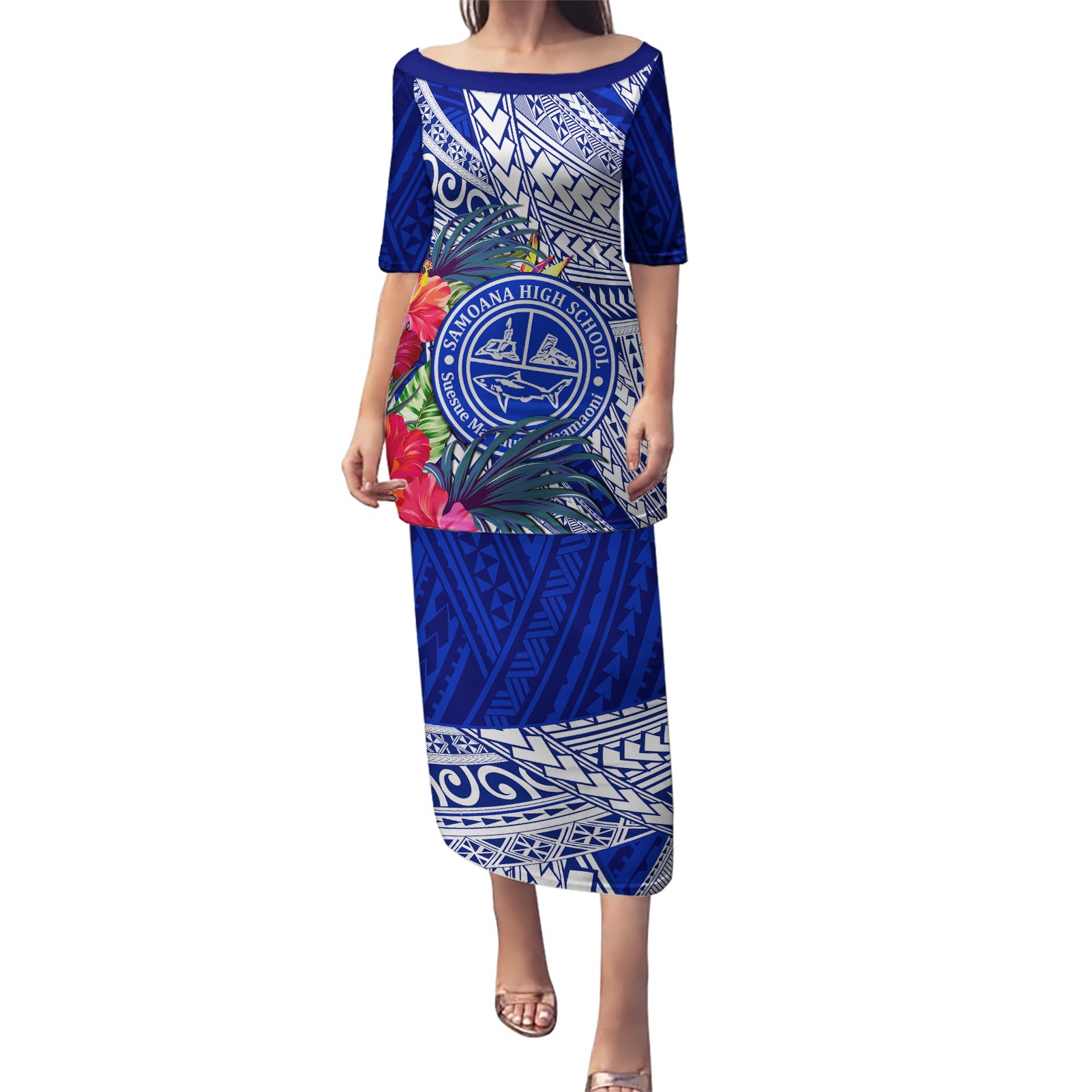 Personalised Samoana High School Puletasi American Samoa Schools Polynesian Tropical Flowers LT14 Long Dress Blue - Polynesian Pride