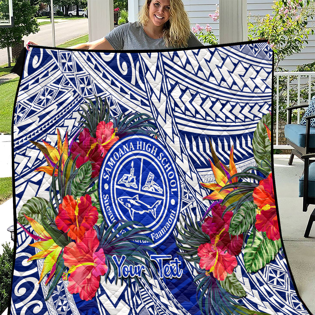 Personalised Samoana High School Quilt American Samoa Schools Polynesian Tropical Flowers LT14 Blue - Polynesian Pride